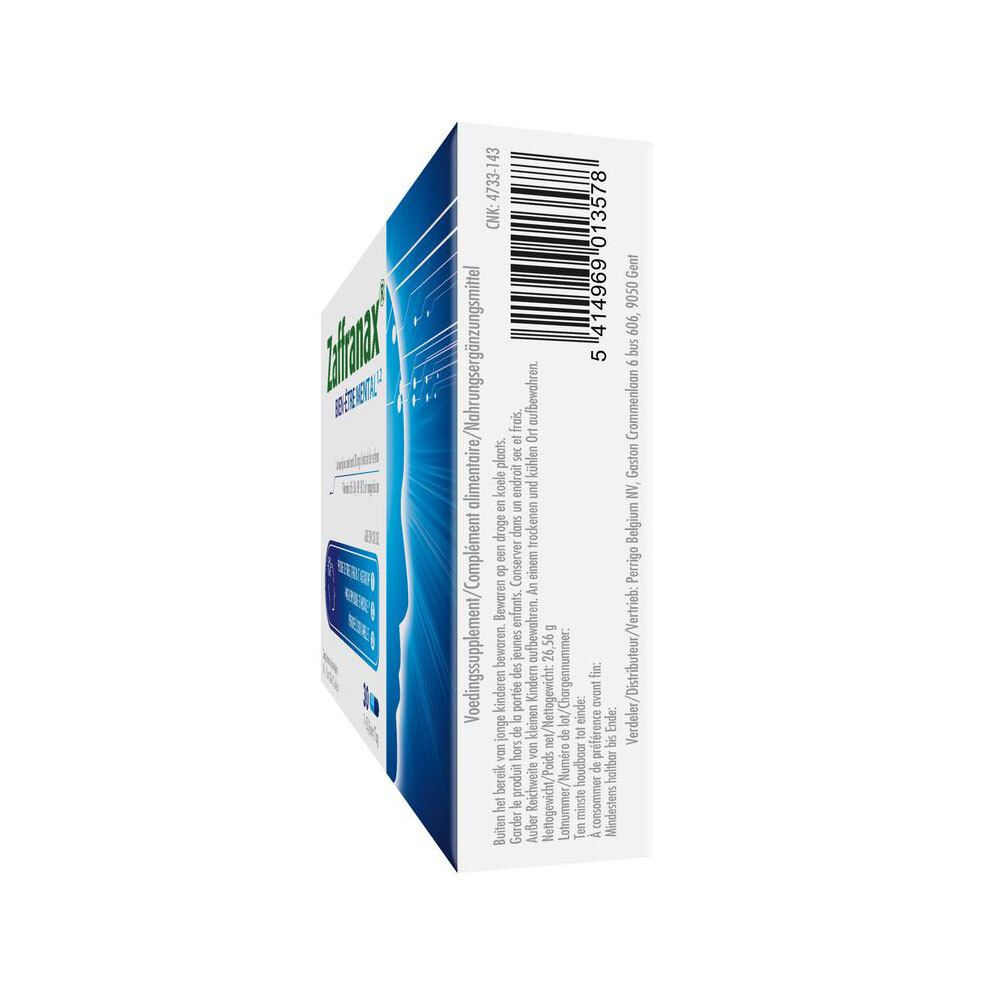 Boîte de Zaffranax. Inscription : Mentaal Welzijn. 30 gélules sur plaquette. Gélules bleues et vertes.