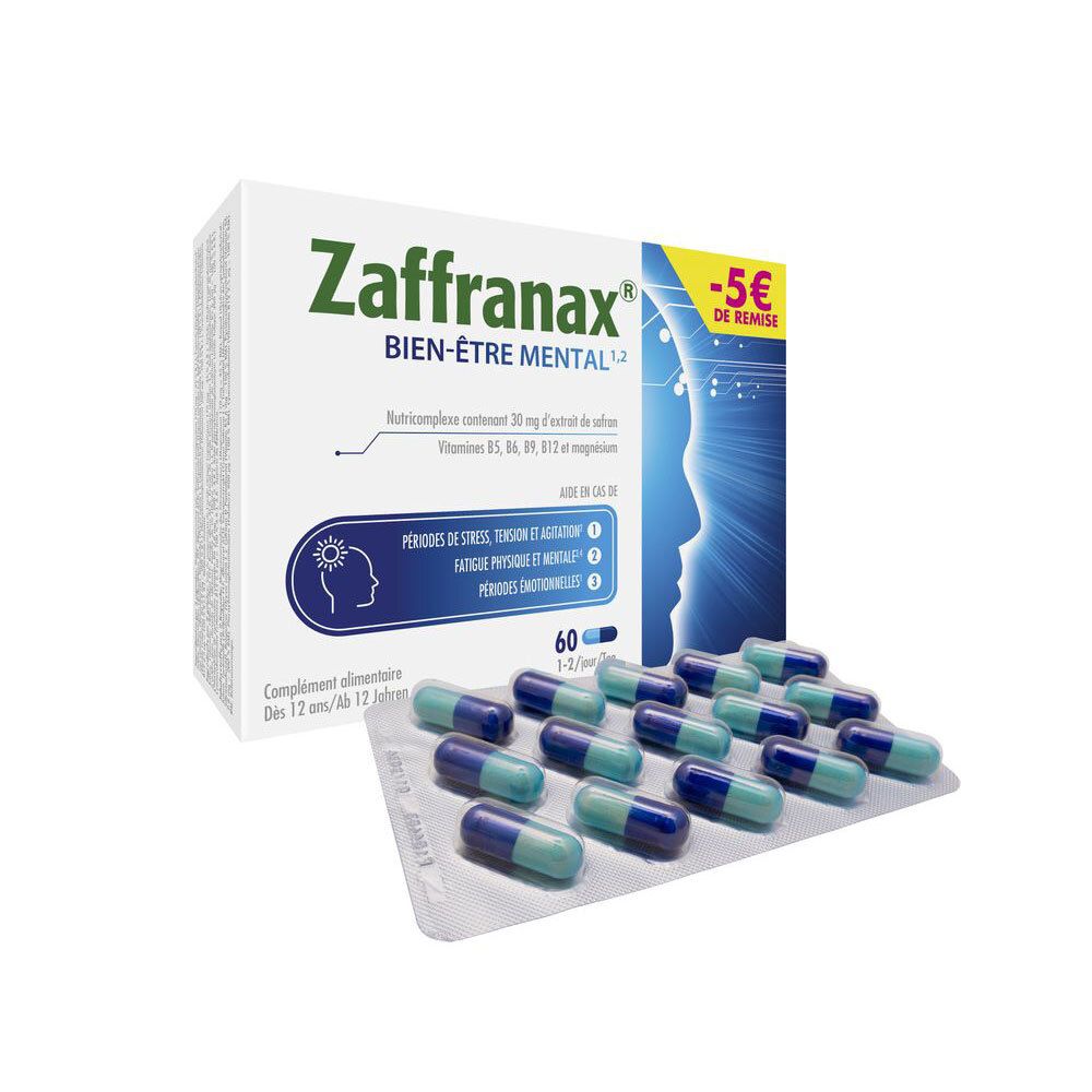 Boîte de Zaffranax Bien-Être Mental avec 60 gélules. Blister de gélules à côté. Promotion -5 €.