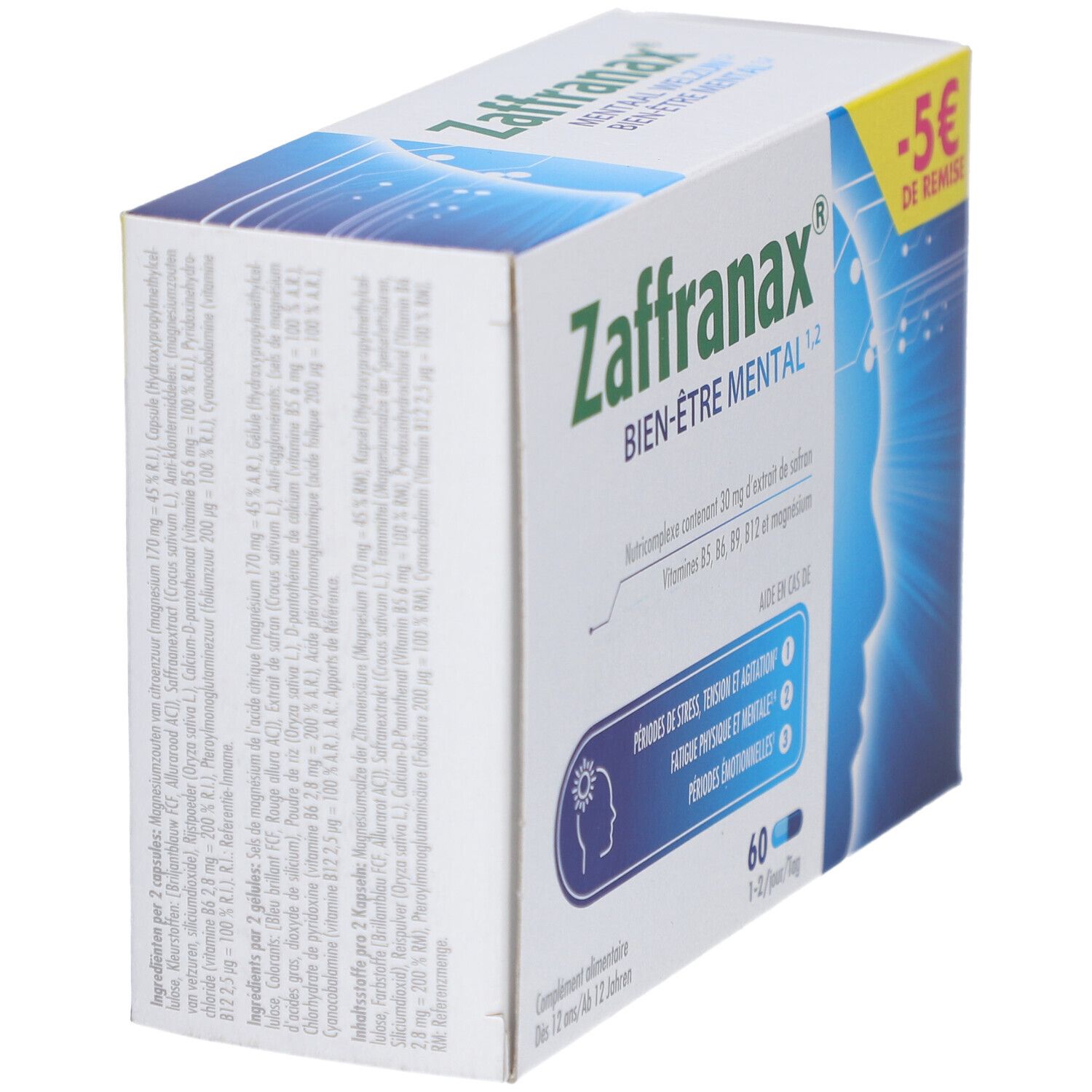 Vue latérale de la boîte Zaffranax. Informations sur les ingrédients et les valeurs nutritionnelles. Autocollant -5 € de remise.