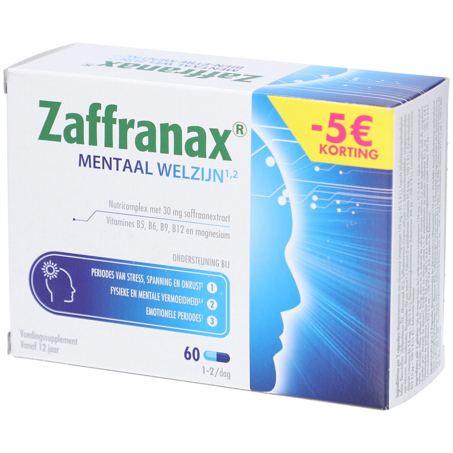 Boîte de Zaffranax Mentaal Welzijn. 60 gélules. Promotion -5 €. Aide en cas de stress, tension et agitation.