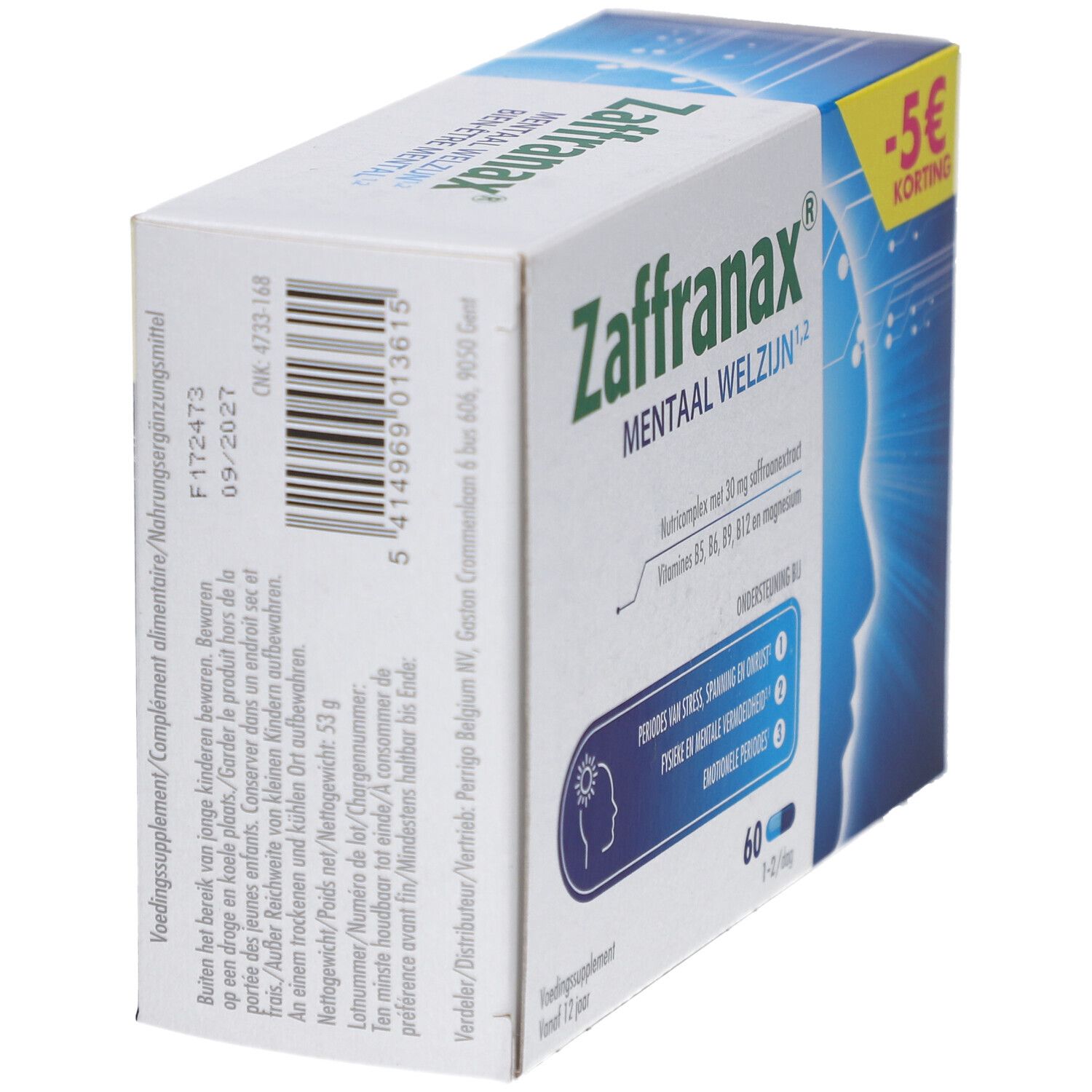 Vue latérale de la boîte Zaffranax. Informations sur les ingrédients et les valeurs nutritionnelles. Autocollant -5 € de remise.