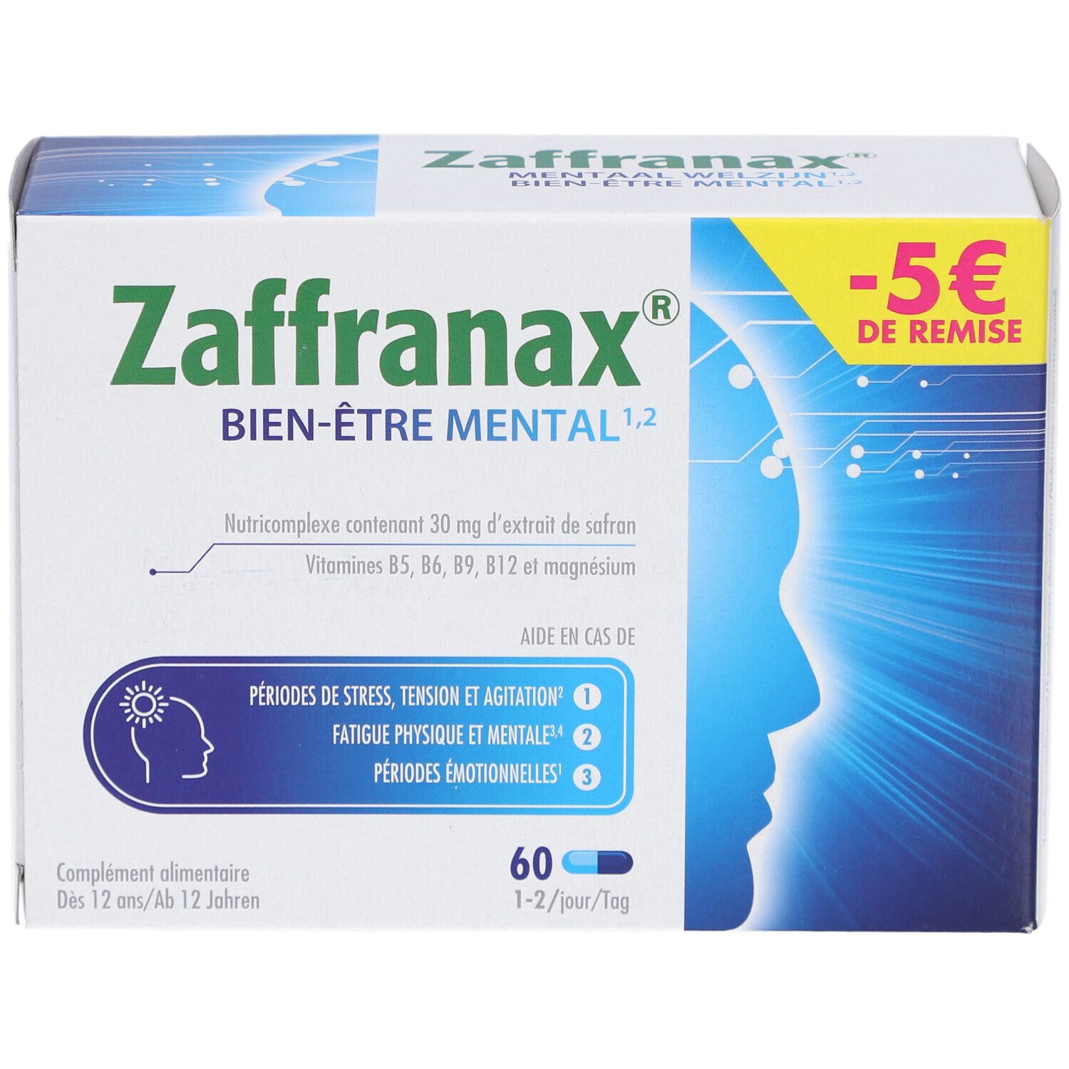 Boîte de Zaffranax Bien-Être Mental. 60 gélules. Promotion -5 €. Aide en cas de stress, tension et agitation.