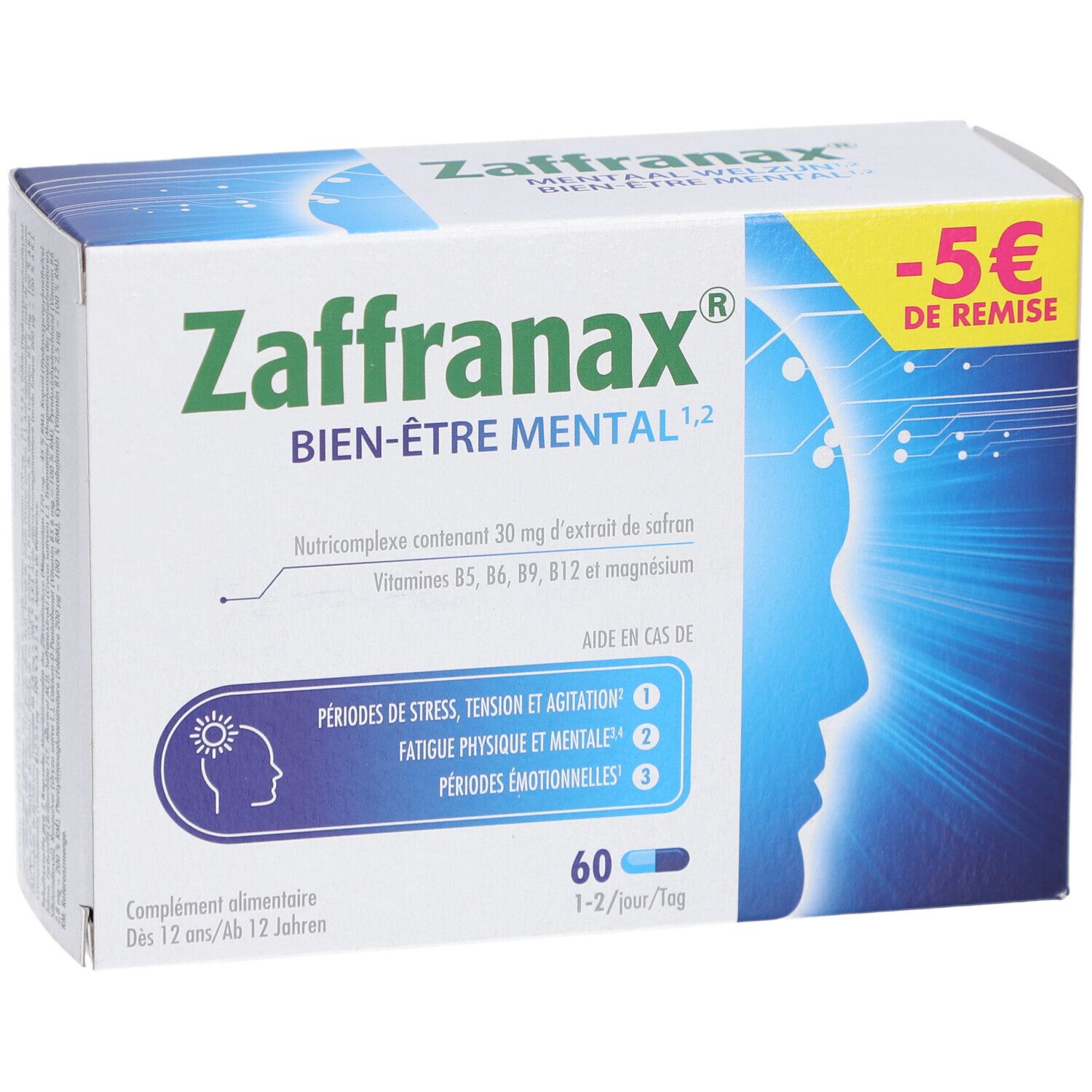 Boîte de Zaffranax Bien-Être Mental. 60 gélules. Promotion -5 €. Aide en cas de stress, tension et agitation.