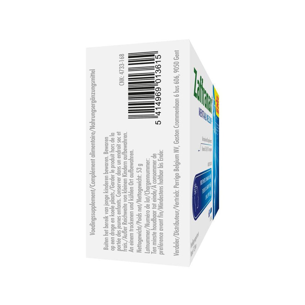 Dos de la boîte Zaffranax. Contient des informations sur les ingrédients et les valeurs nutritionnelles.