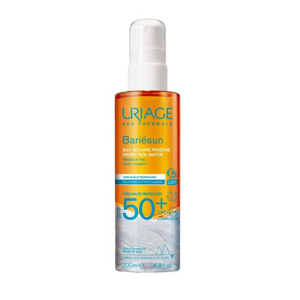 Uriage Eau Thermale Bariésun. Flacon spray. Liquide orangé. SPF 50+. Inscriptions.