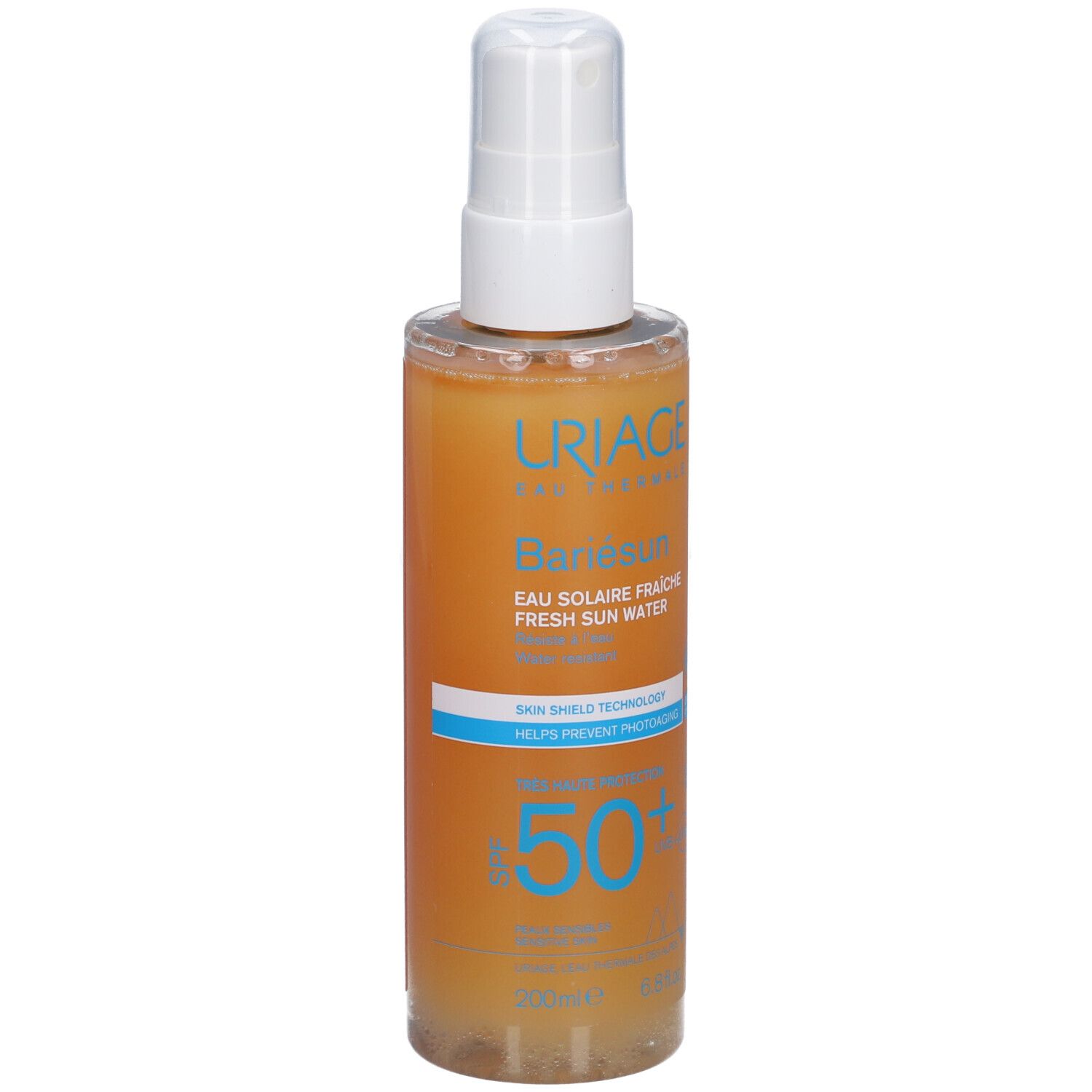 Uriage Bariésun Frisches Sonnenwasser LSF 50+. Sprayflasche mit weißem Sprühkopf. Orangefarbene Flüssigkeit.