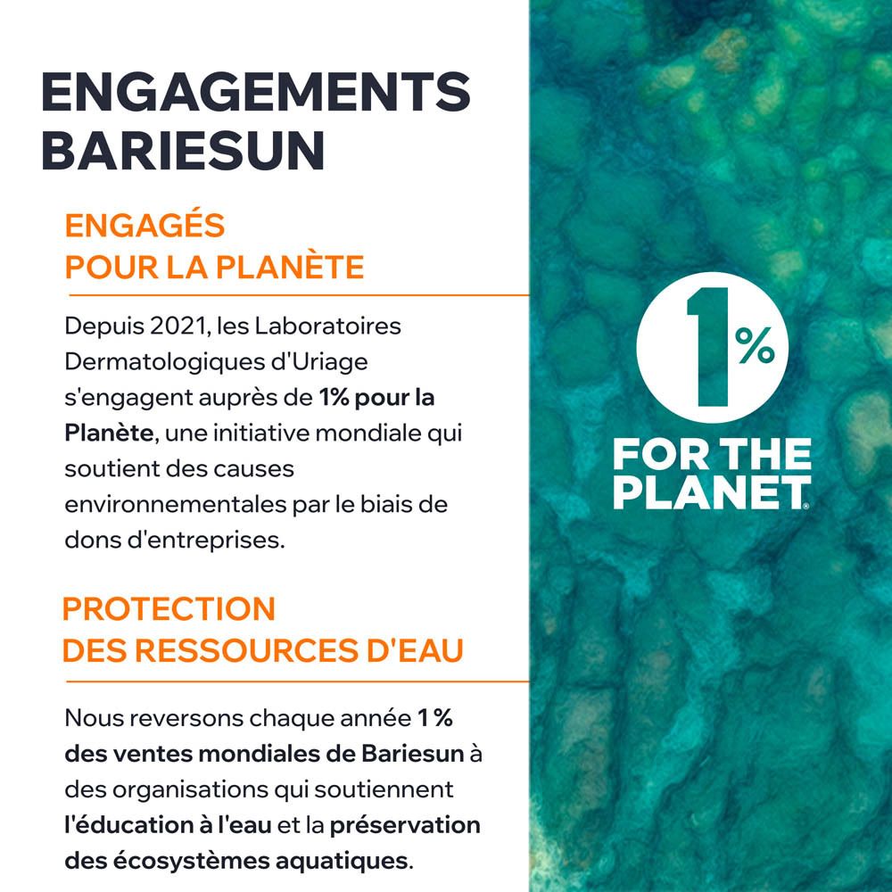 Uriage Eau Thermale Bariésun. Engagement pour l'environnement. Texte et logo.