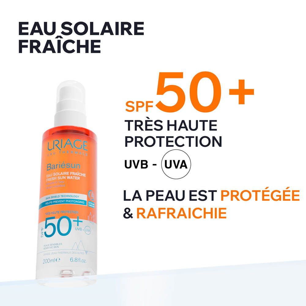Uriage Eau Thermale Bariésun. SPF 50+. Texte et informations. Flacon en arrière-plan.