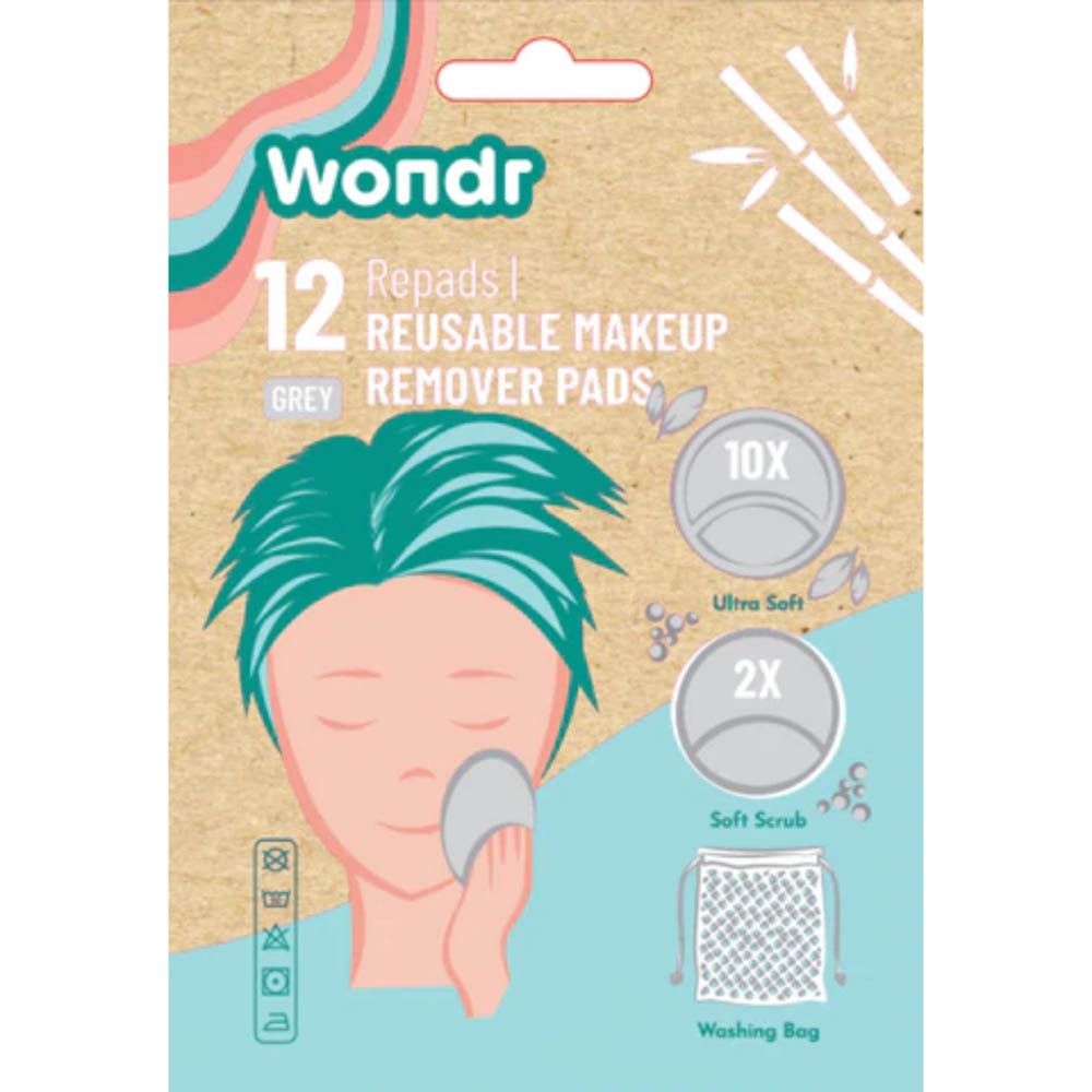 Paquet de 12 tampons démaquillants réutilisables gris. 10 ultra doux, 2 Soft Scrub. Sac de lavage inclus.