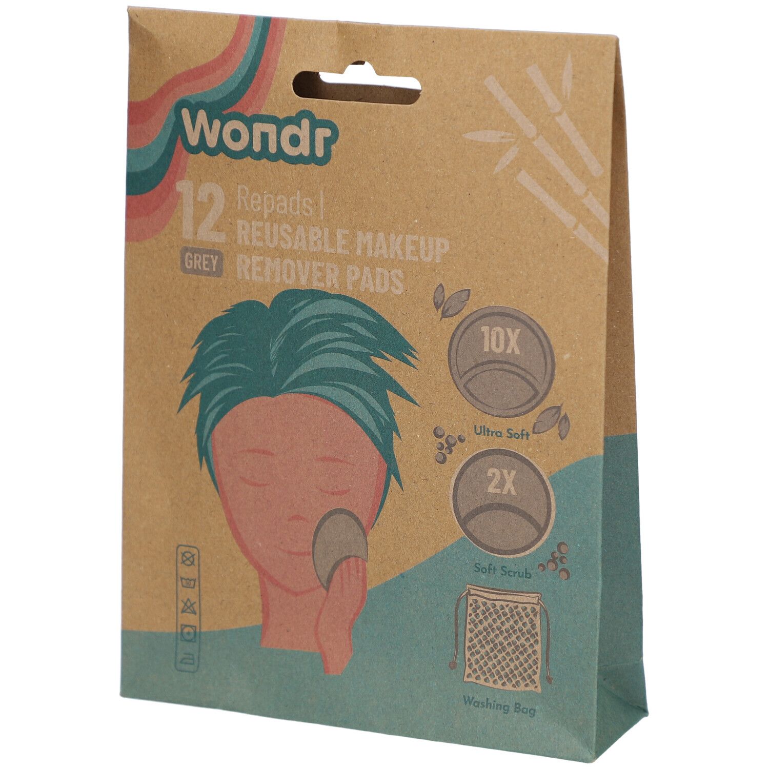 Verpackung mit 12 wiederverwendbaren Abschminkpads. Graue Pads, 10 ultraweich, 2 Soft Scrub. Waschbeutel enthalten.