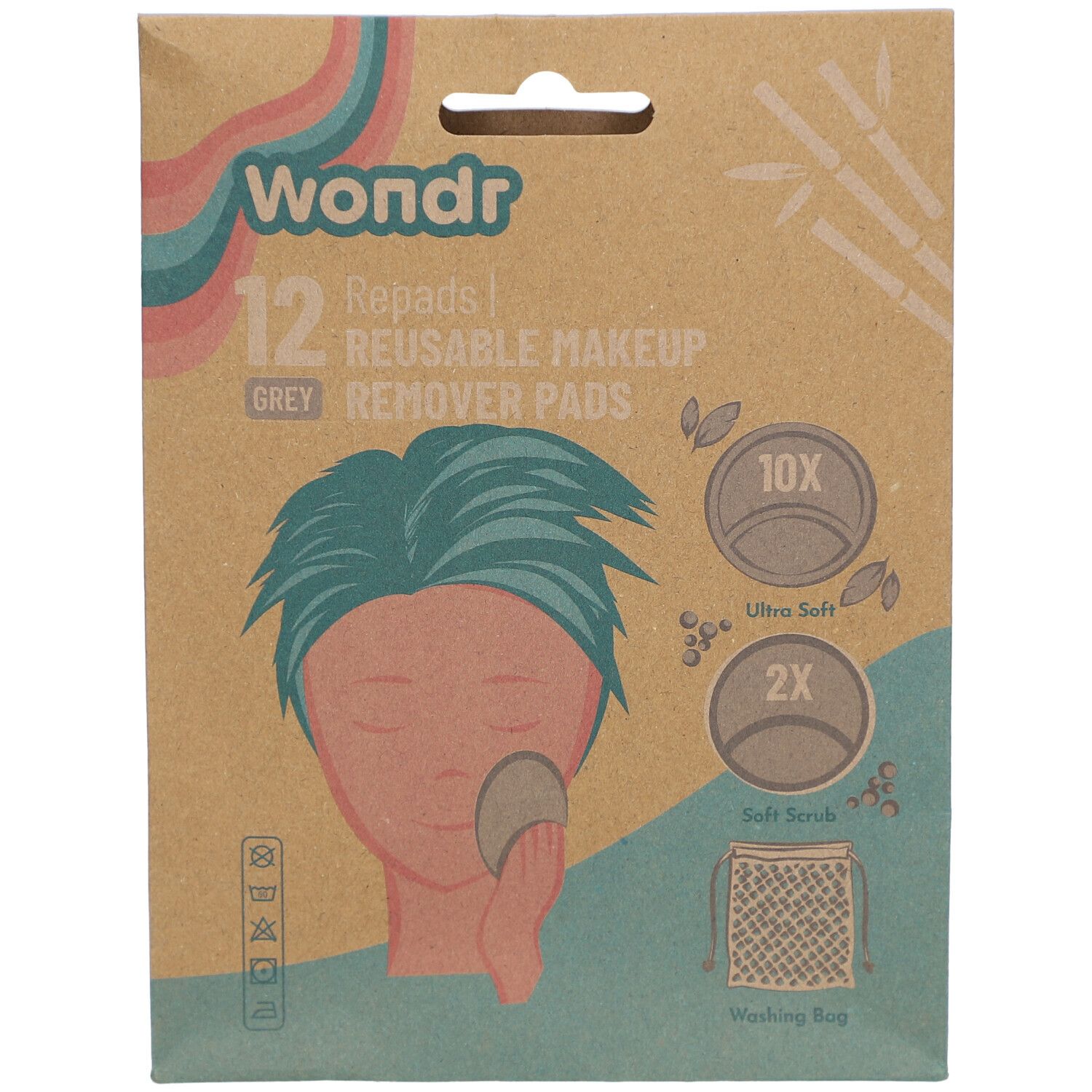 Verpackung mit 12 wiederverwendbaren Abschminkpads. Graue Pads, 10 ultraweich, 2 Soft Scrub. Waschbeutel enthalten.