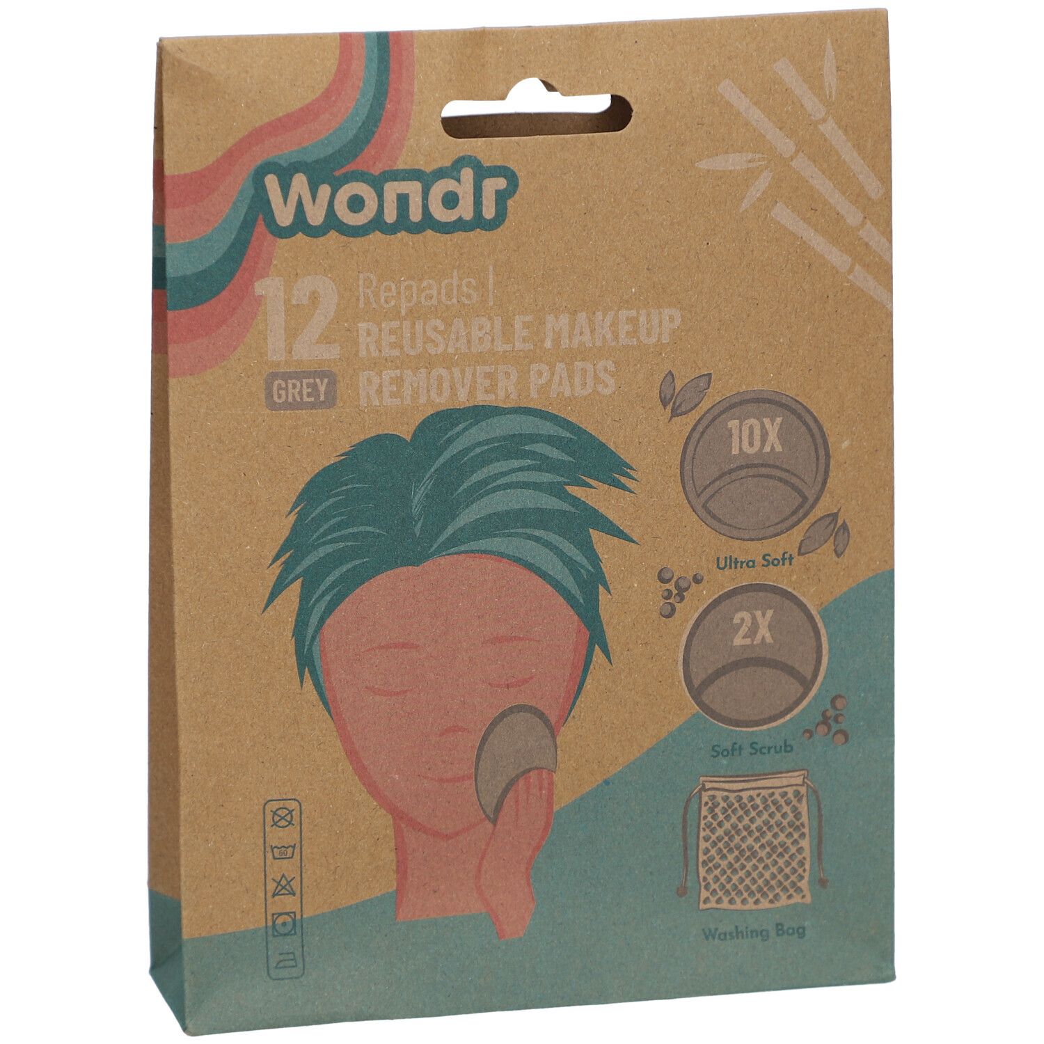 Verpackung mit 12 wiederverwendbaren Abschminkpads. Graue Pads, 10 ultraweich, 2 Soft Scrub. Waschbeutel enthalten.