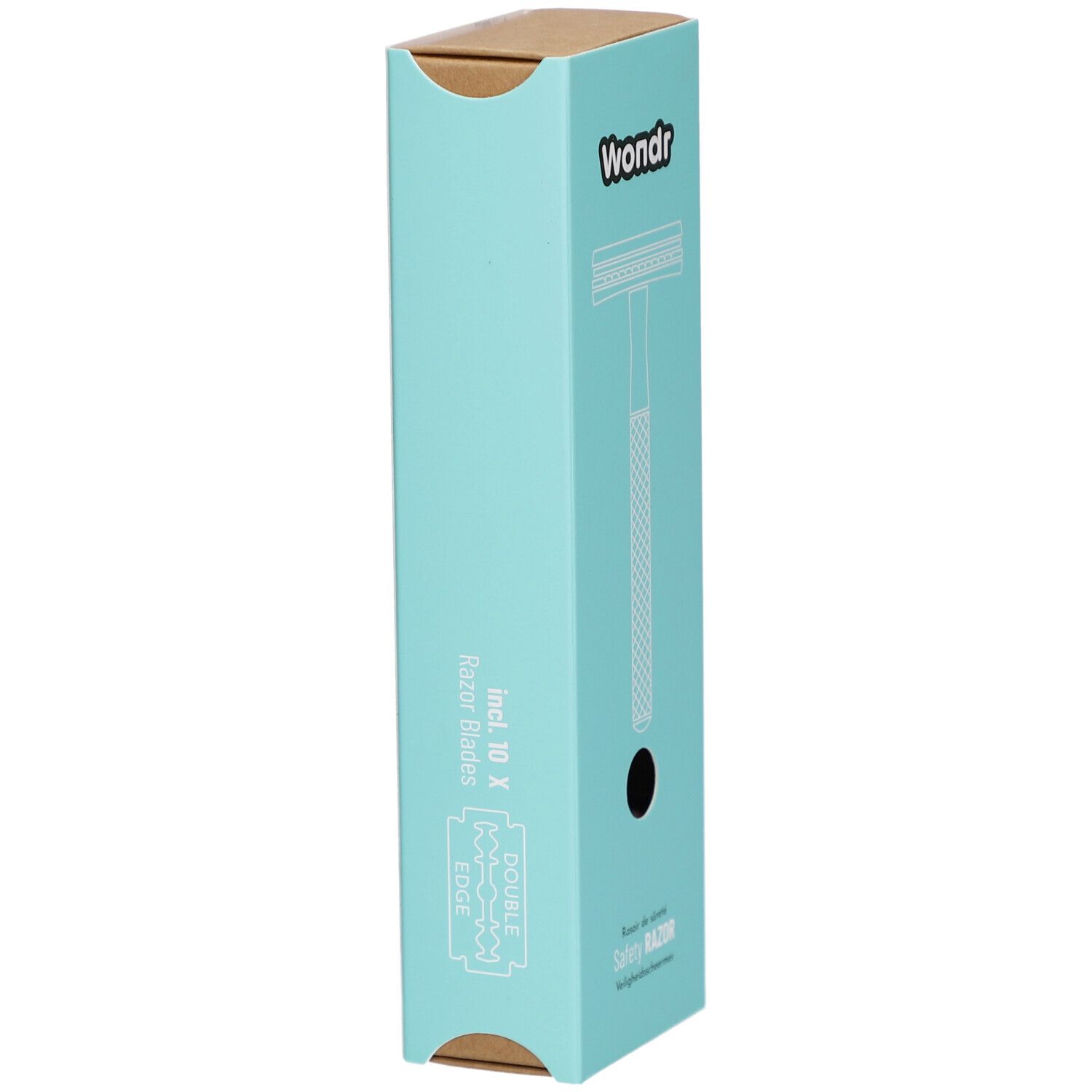 Boîte turquoise avec illustration de lames de rasoir. "Wondr" en haut. "Incl. 10 X Razor Blades".
