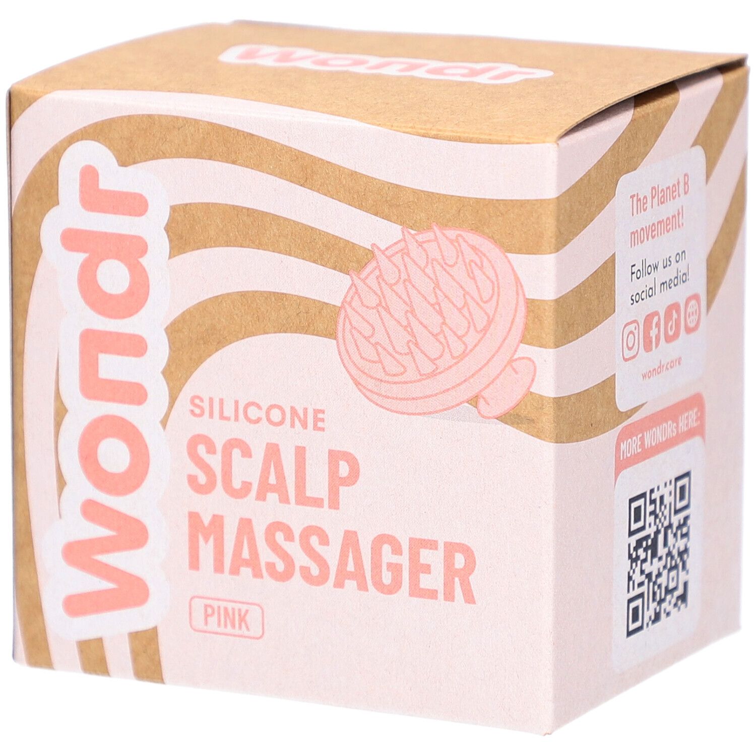 Kartonverpackung mit Produktabbildung. Aufdruck: Wondr, Silikon Scalp Massager Pink. QR-Code und Social-Media-Hinweis.