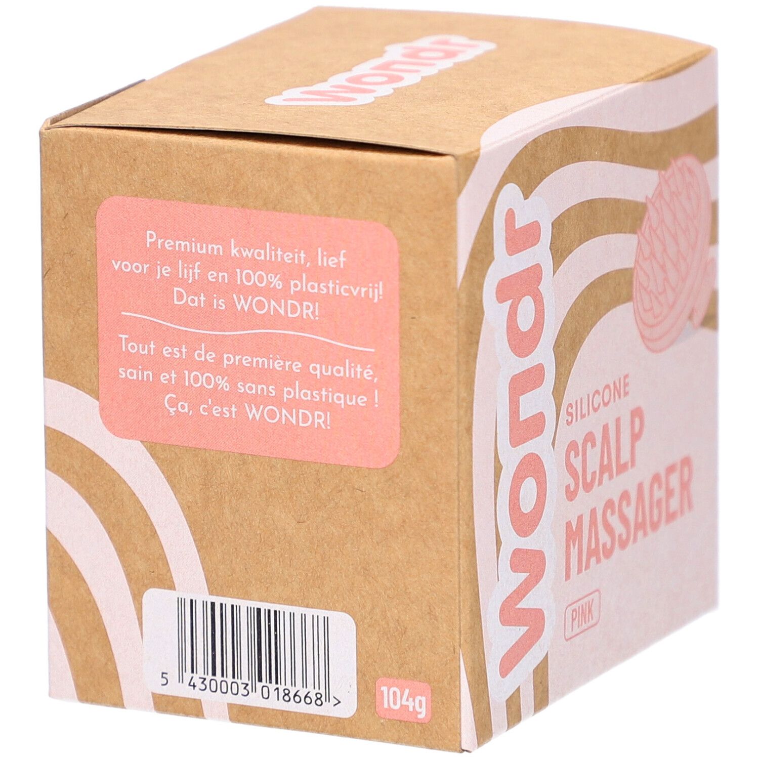 Kartonverpackung mit Produktinformationen. Aufdruck: Wondr, Silikon Scalp Massager Pink. Gewicht: 104g. Barcode.