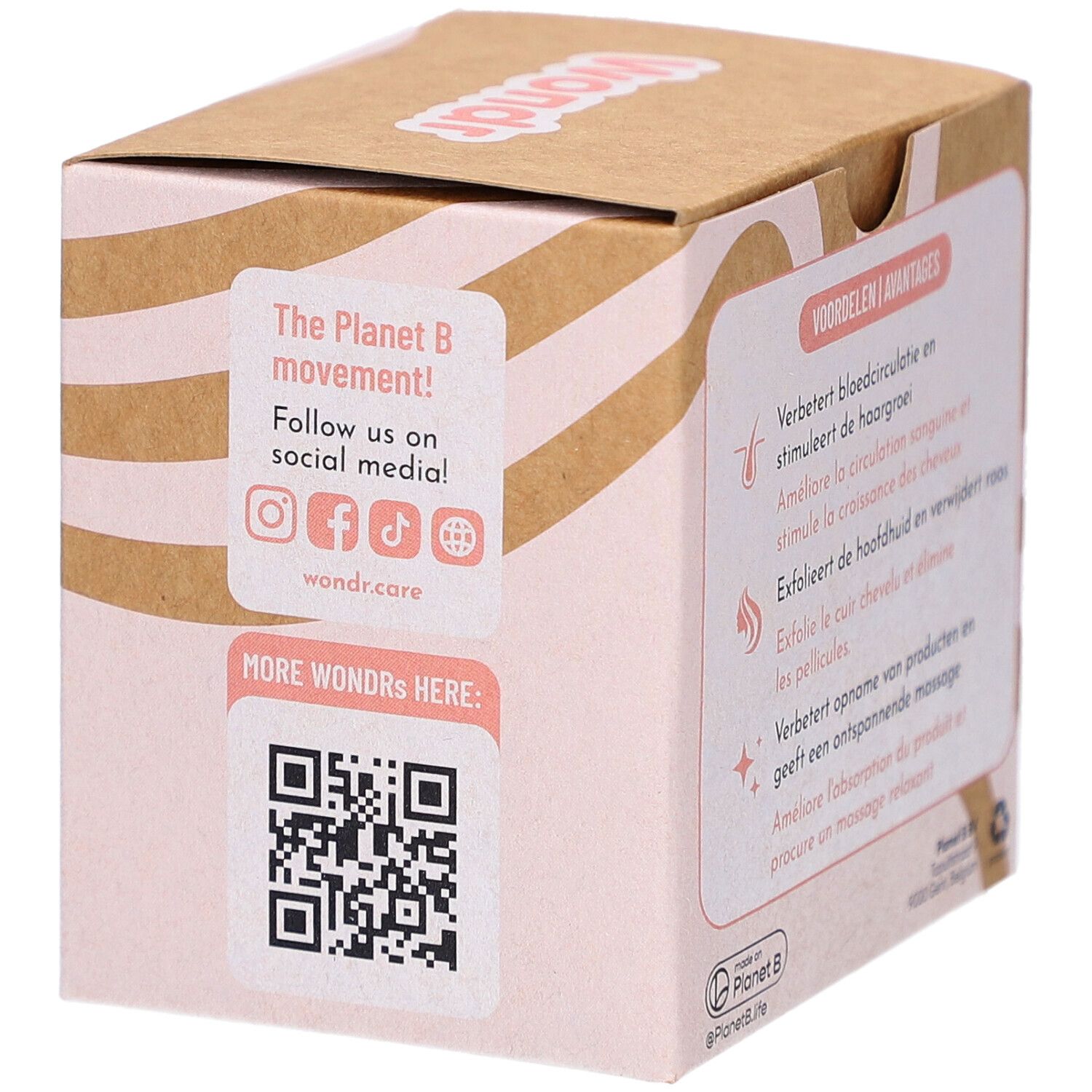 Kartonverpackung mit Social-Media-Hinweisen und QR-Code. Aufdruck: Wondr, The Planet B movement. Logo Planet B.