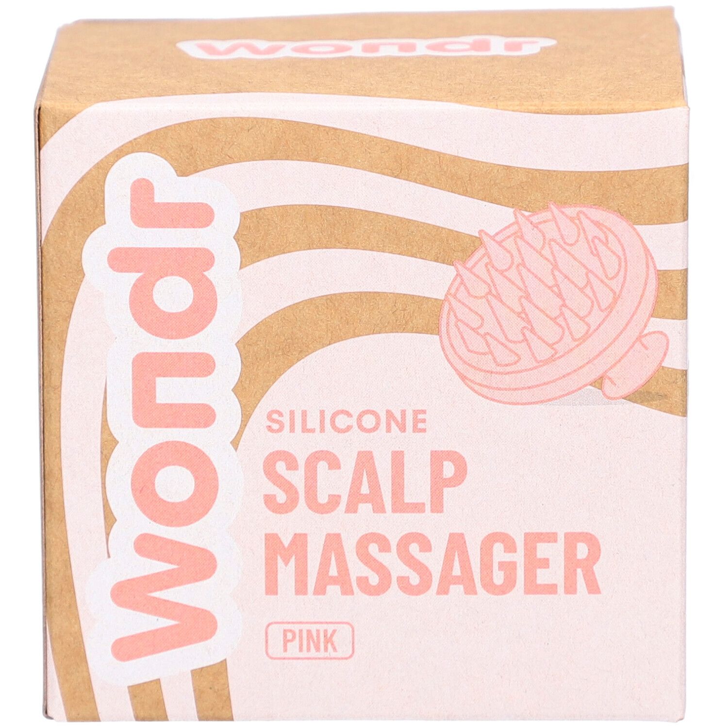 Kartonverpackung mit Produktabbildung. Aufdruck: Wondr, Silikon Scalp Massager Pink.