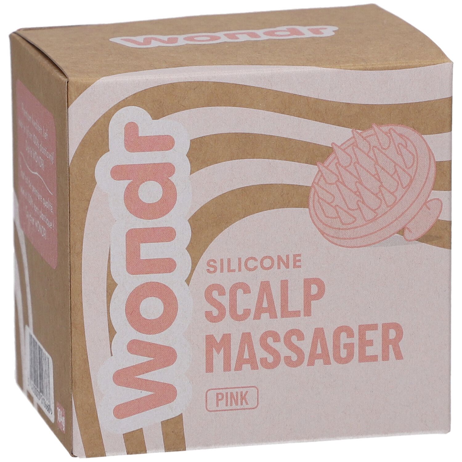 Kartonverpackung mit Produktabbildung. Aufdruck: Wondr, Silikon Scalp Massager Pink. Barcode.