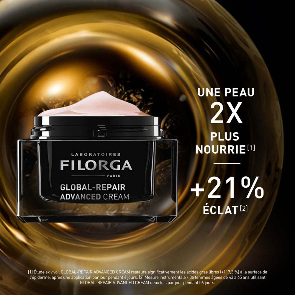 Filorga Global-Repair Advanced Cream. Pot noir dans un environnement doré. Texte.
