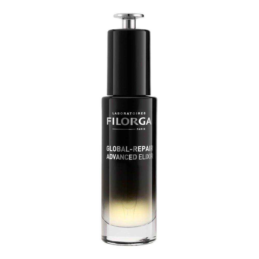 Flacon Filorga Global-Repair Advanced Elixir. Flacon noir avec bouchon argenté. Nom et logo du produit visibles.