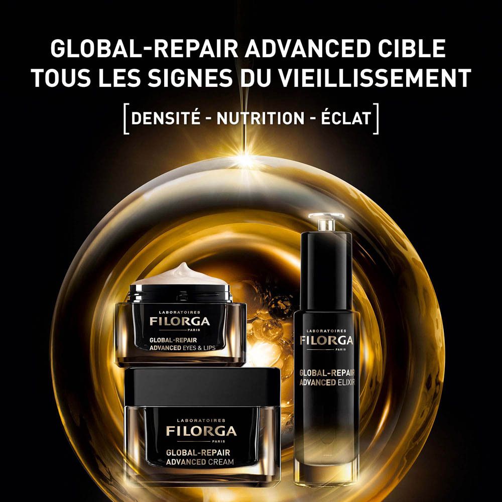 Produits Filorga. Texte: Global-Repair Advanced cible tous les signes du vieillissement.