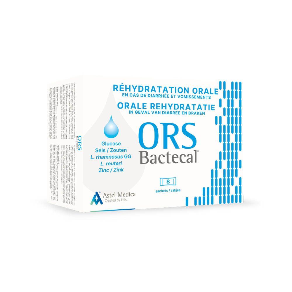 Boîte de Bactecal ORS, 8 sachets. Solution de réhydratation orale pour diarrhée et vomissements.
