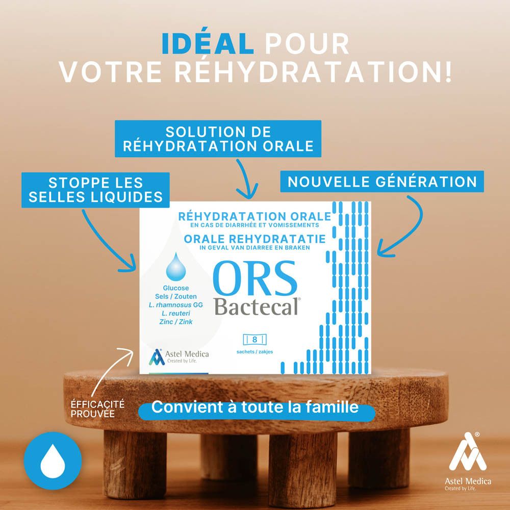 Vue latérale de la boîte Bactecal ORS avec informations nutritionnelles et ingrédients.