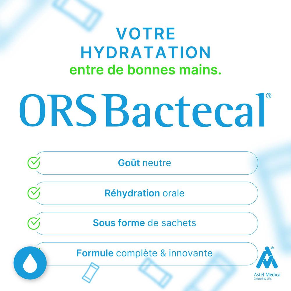 Boîte de Bactecal ORS, 8 sachets. Solution de réhydratation orale pour diarrhée et vomissements.