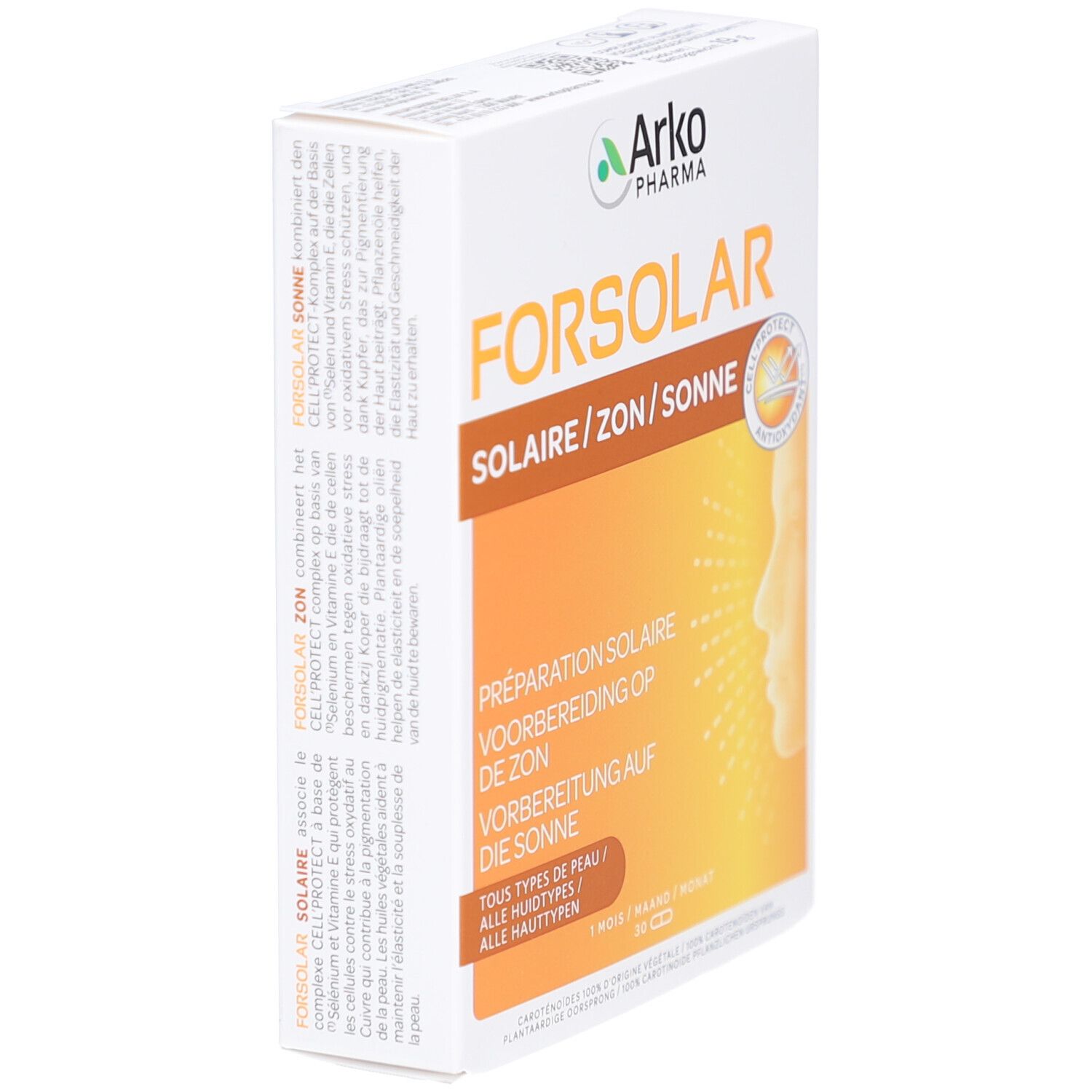 Schachtel FORSOLAR, schräg. Text in Französisch, Niederländisch und Deutsch. Logo Arkopharma. Gesicht.
