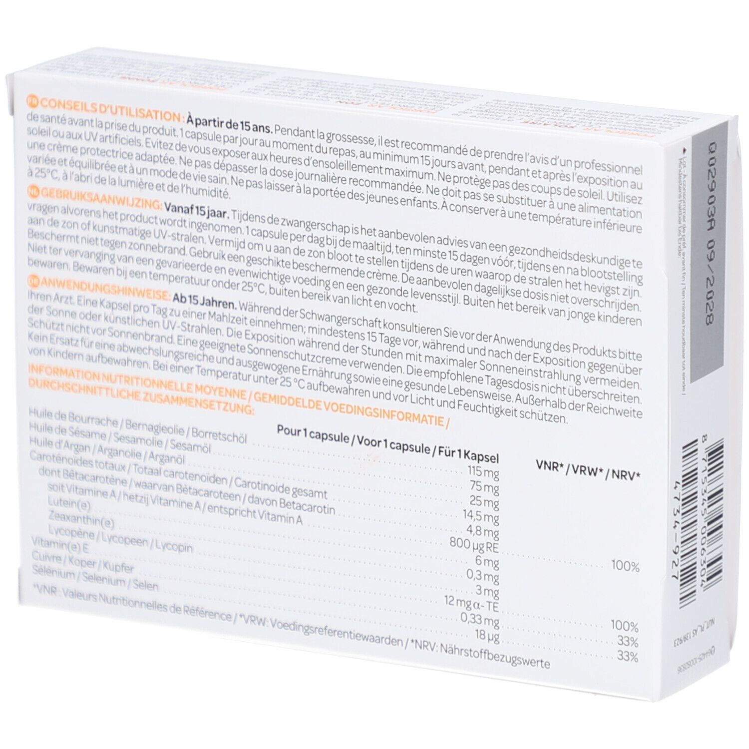 Rückseite der FORSOLAR-Schachtel. Text in mehreren Sprachen. Nährwertangaben und Inhaltsstoffe.