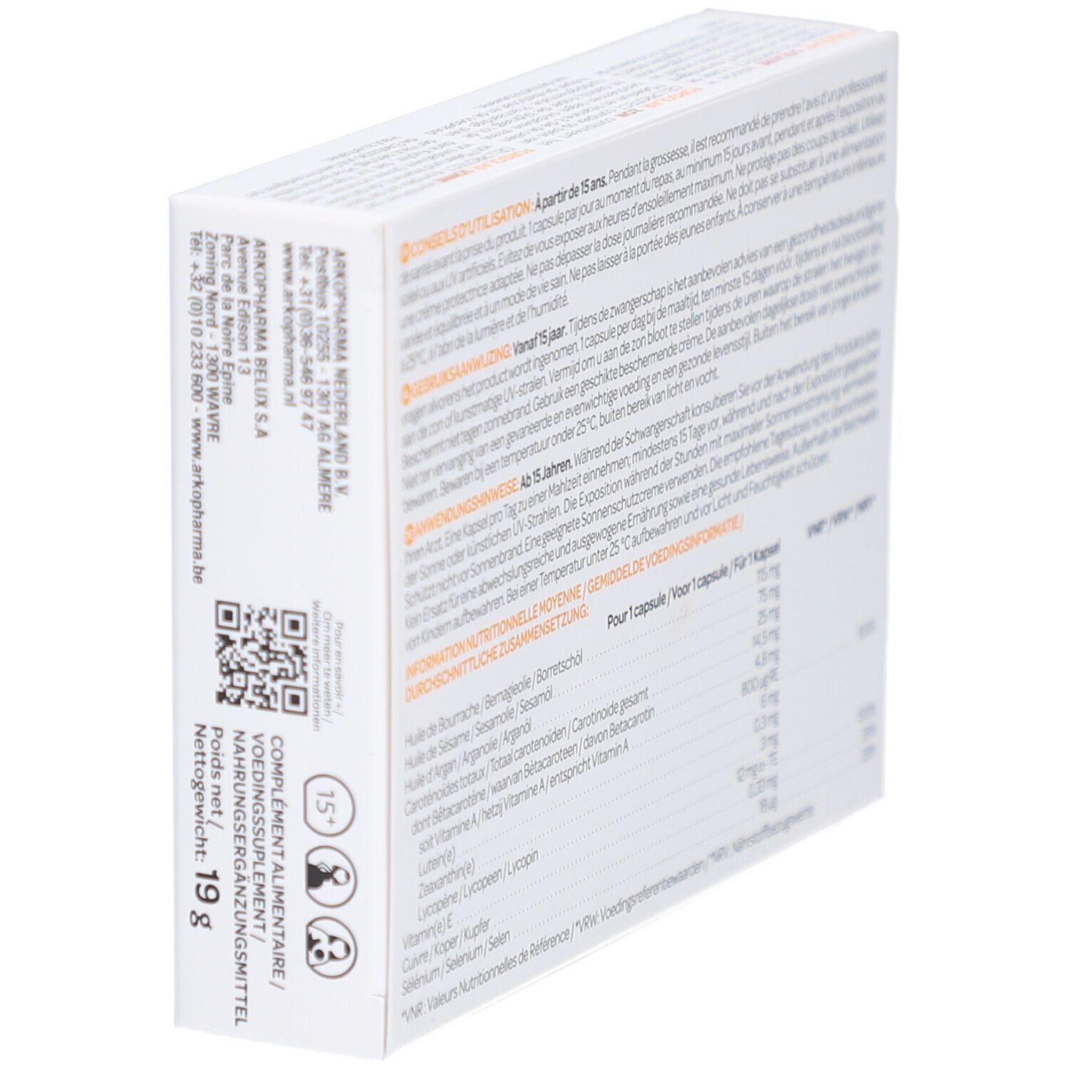 Seite der FORSOLAR-Schachtel. Text, QR-Code und Nährwertangaben. Gewicht: 19g.