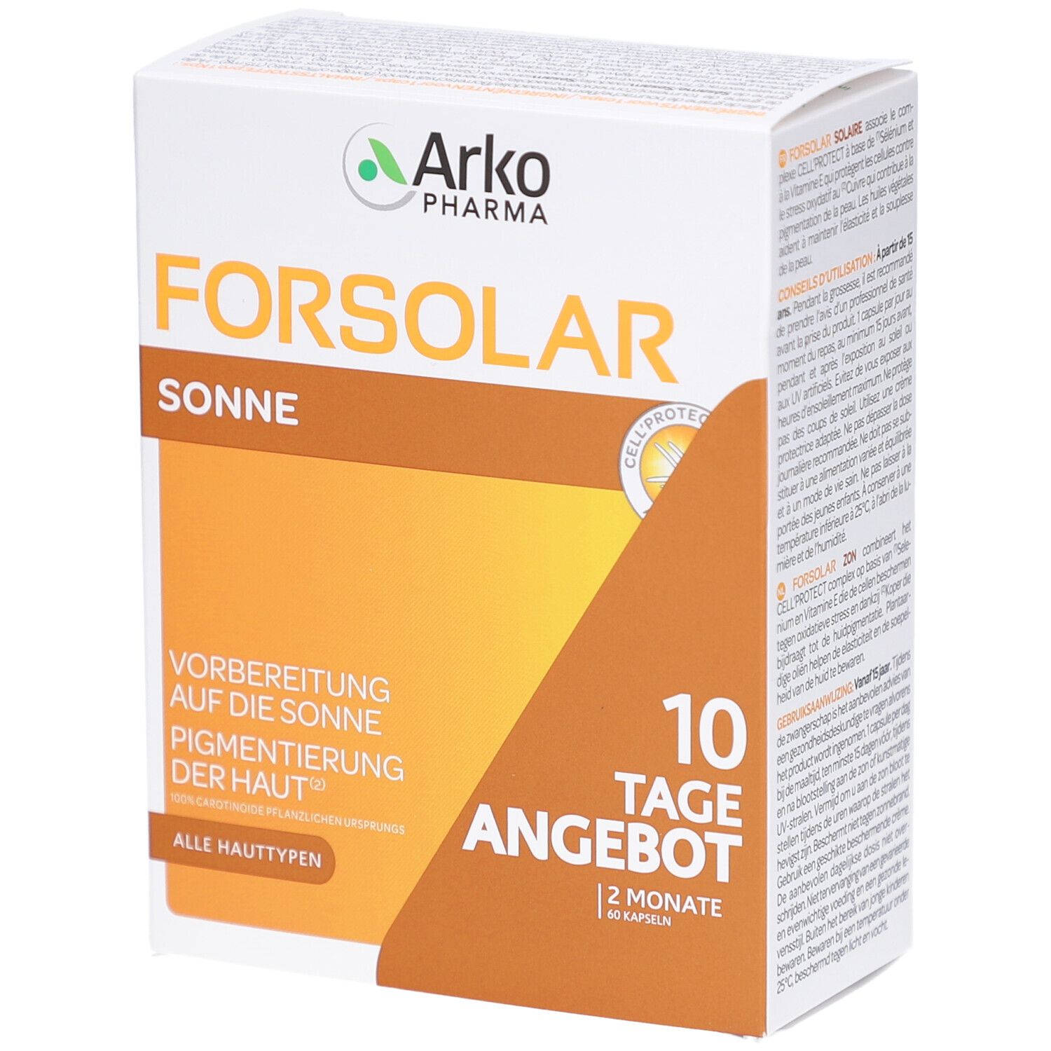 Weiß-orange Schachtel mit Produktnamen FORSOLAR. Text: Sonne, Vorbereitung auf die Sonne, 10 Tage Angebot, 60 Kapseln. Marke: Arkopharma.