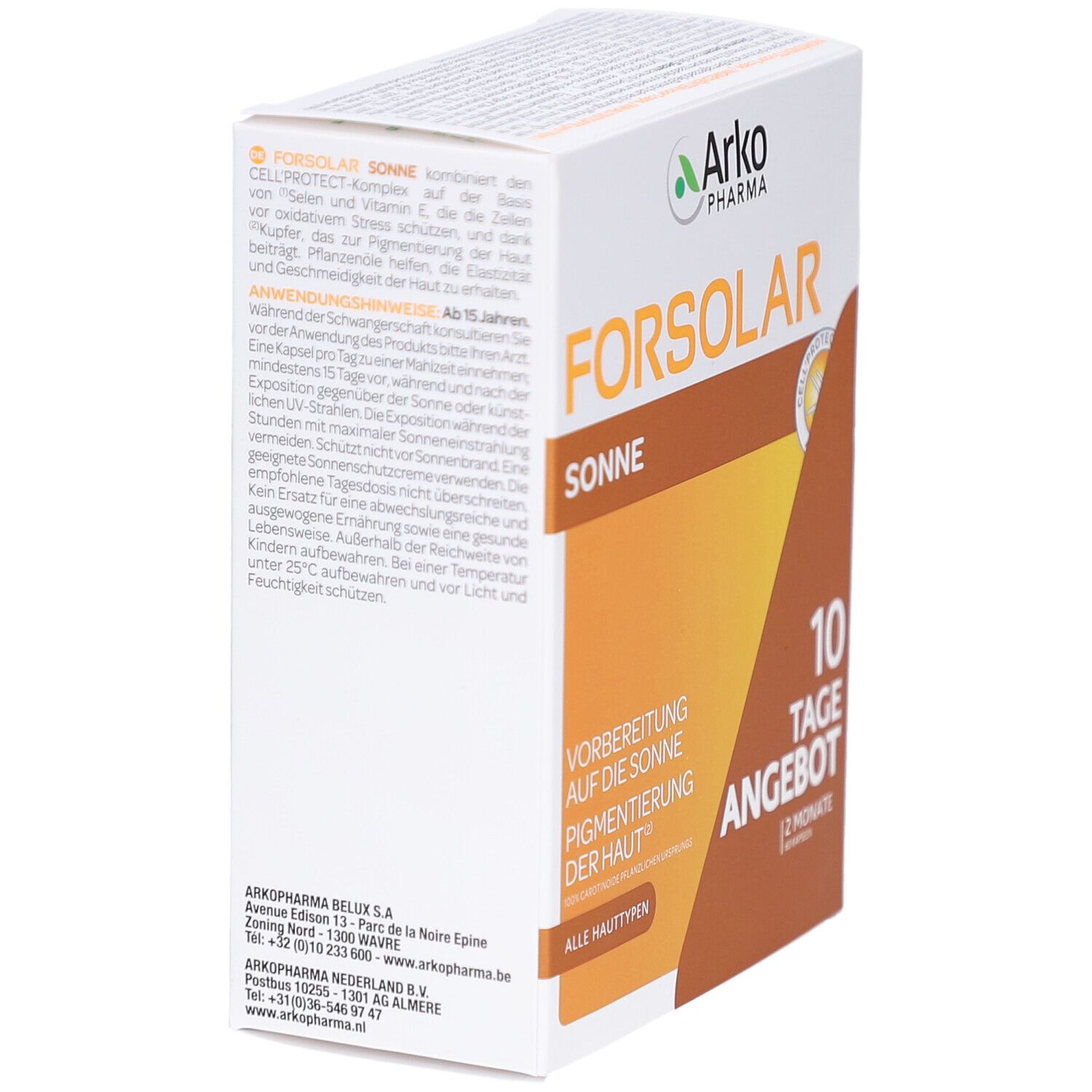 Produktverpackung FORSOLAR, weiß-orange. Text: FORSOLAR Sonne, 10 Tage Angebot. Marke: Arkopharma. Seitenansicht mit Text und Logo.