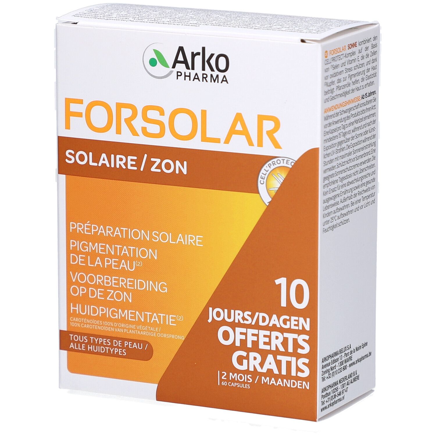 Produktverpackung FORSOLAR, weiß-orange. Text: Solaire/Zon, Vorbereitung, 10 Tage Angebot. Marke: Arkopharma. Mehrsprachiger Text.