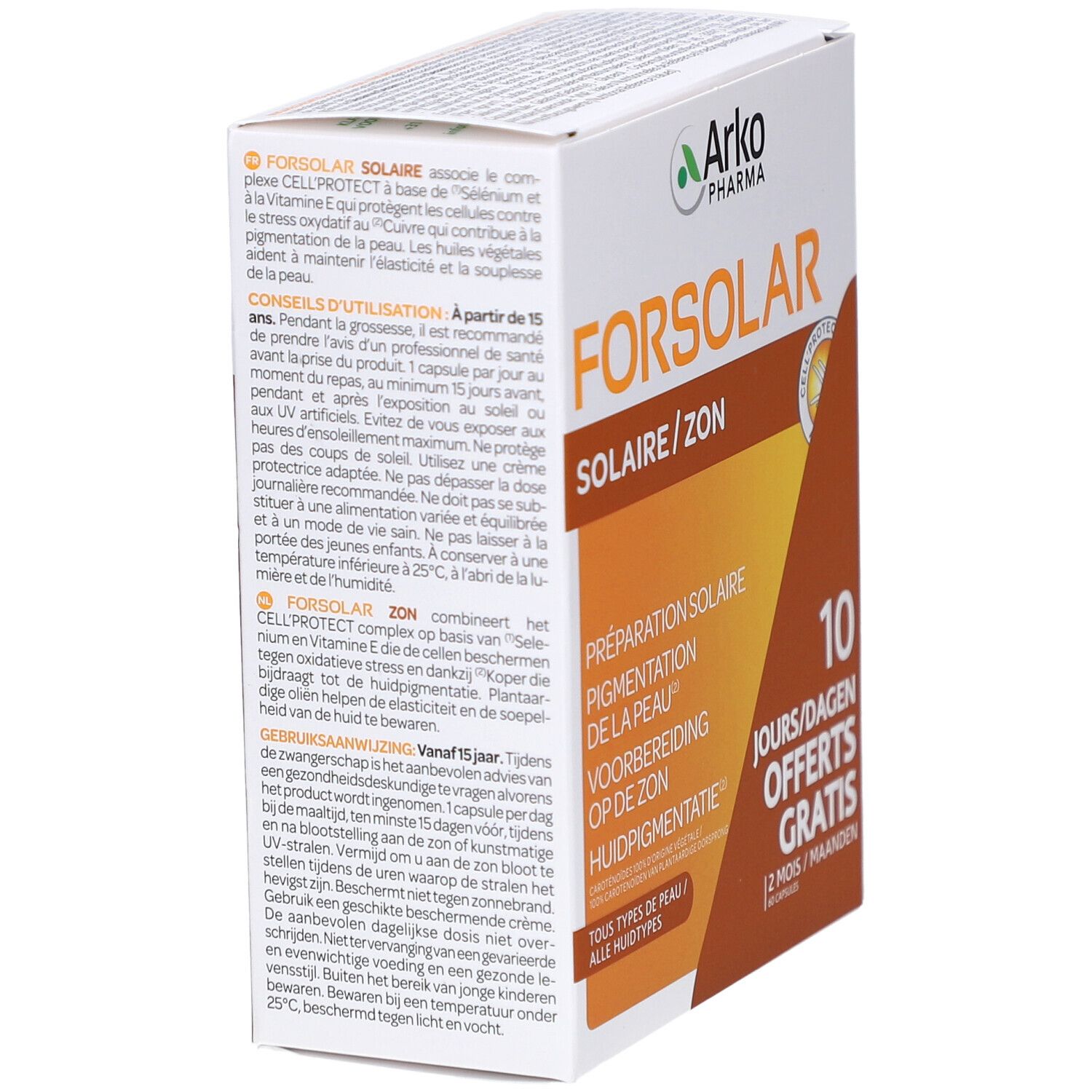 Produktverpackung FORSOLAR, weiß-orange. Text: Solaire/Zon, Vorbereitung, 10 Tage Angebot. Marke: Arkopharma. Mehrsprachiger Text.