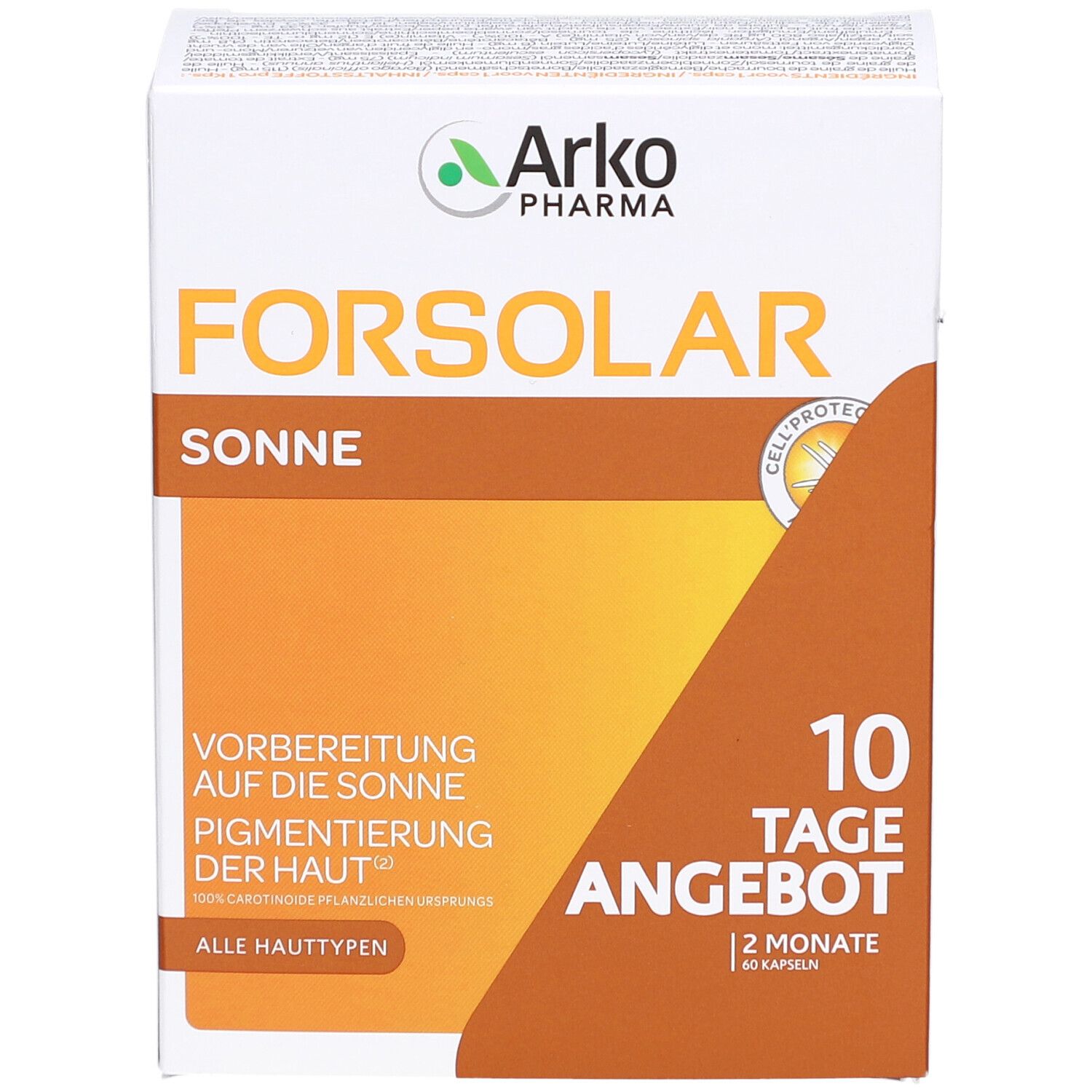 Weiß-orange Schachtel mit Produktnamen FORSOLAR. Text: Sonne, Vorbereitung auf die Sonne, 10 Tage Angebot, 60 Kapseln. Marke: Arkopharma.