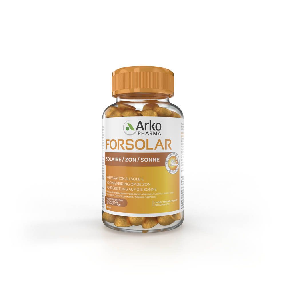 Transparente Flasche mit orangefarbenem Deckel. Enthält orangefarbene Gummibärchen. Etikett mit Produktnamen und Logo.