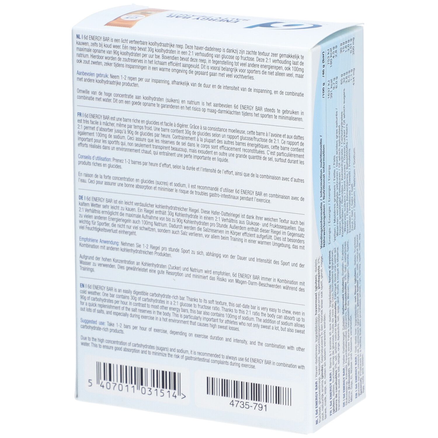 Rückseite der Verpackung mit Text in mehreren Sprachen. Enthält Informationen zu Inhaltsstoffen, Anwendung und Nährwerten.