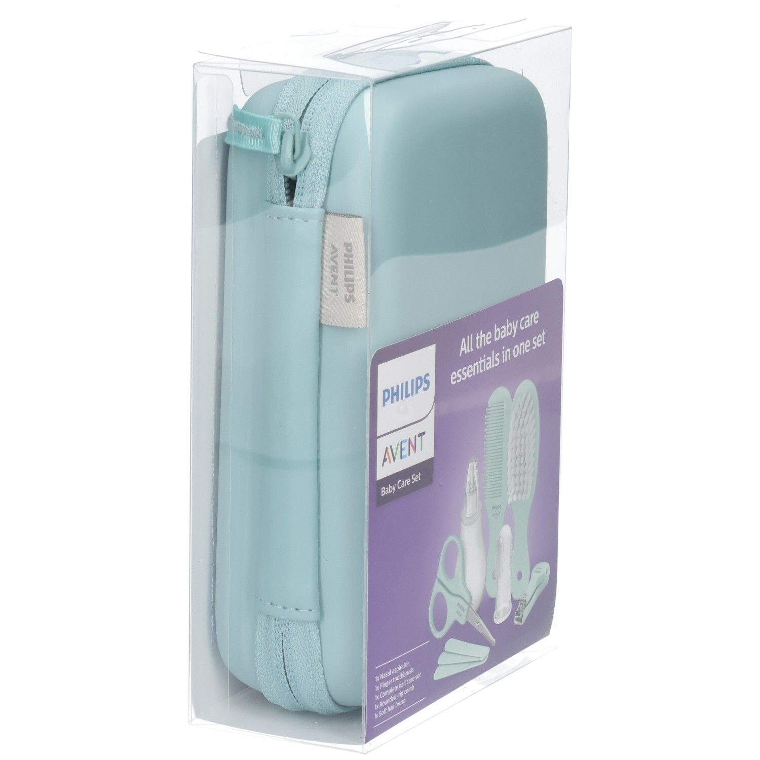 Philips Avent Baby Care Set im Etui, Seitenansicht. Enthält Nasensauger, Kamm, Bürste.
