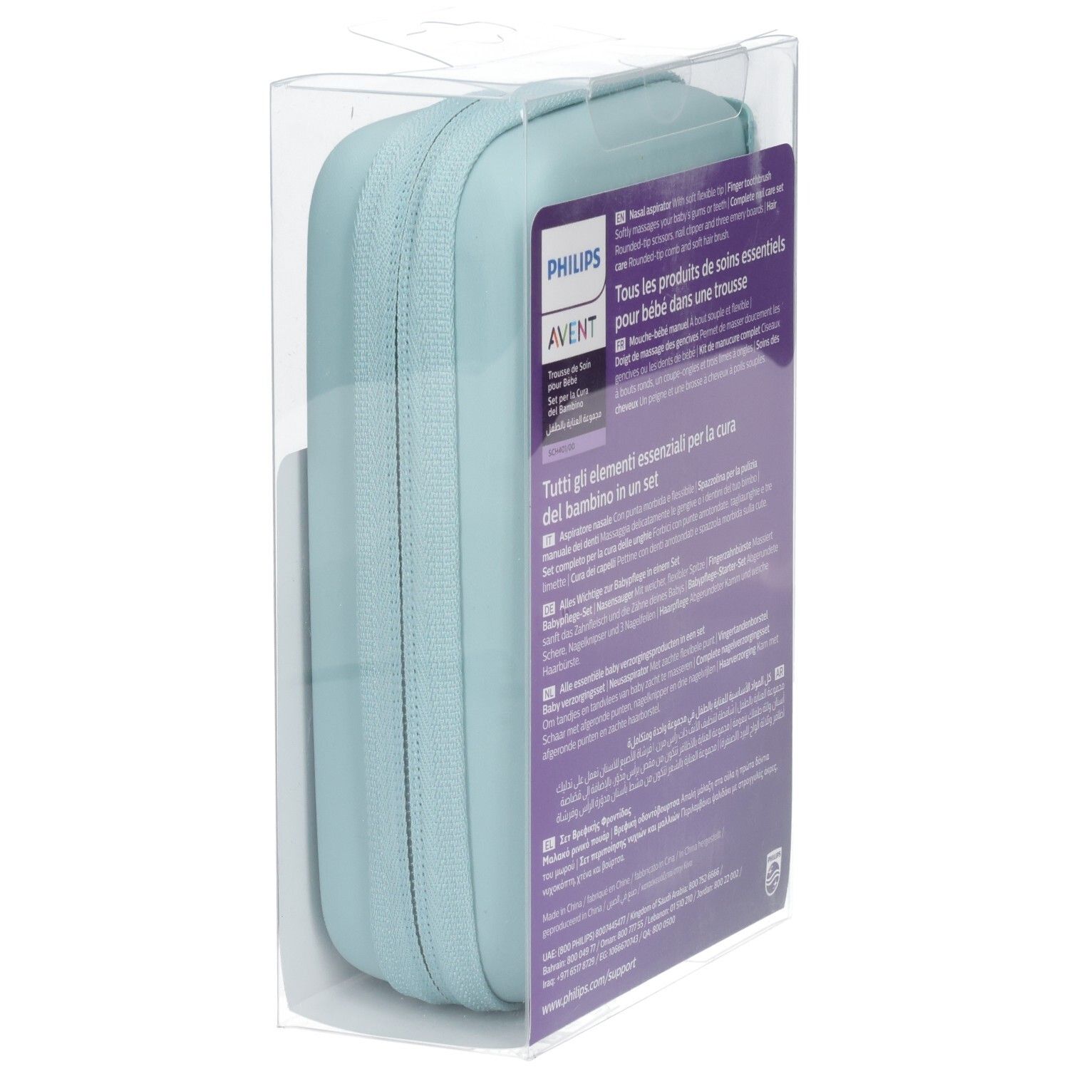 Philips Avent Baby Care Set im Etui, Seitenansicht mit geöffnetem Reißverschluss.