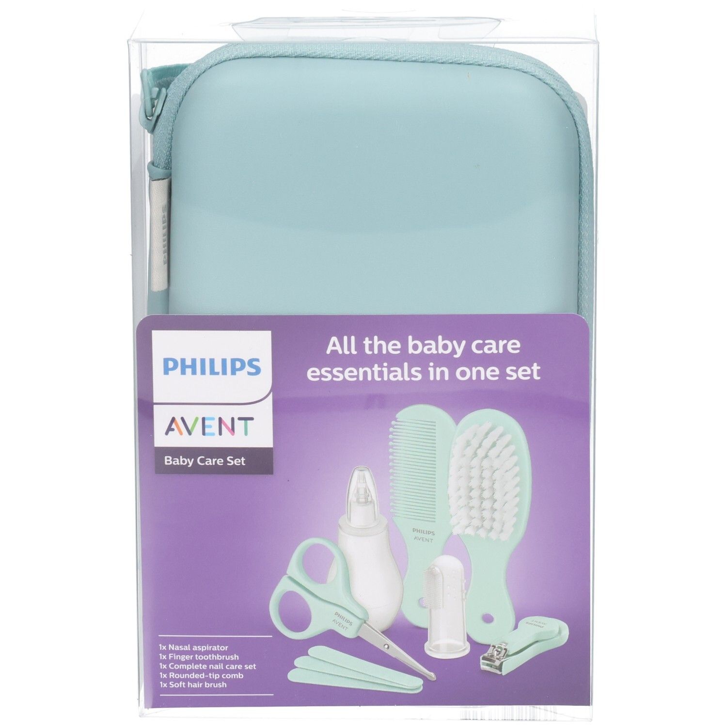 Philips Avent Baby Care Set im Etui: Nasensauger, Kamm, Bürste, Nagelschere, Nagelknipser.