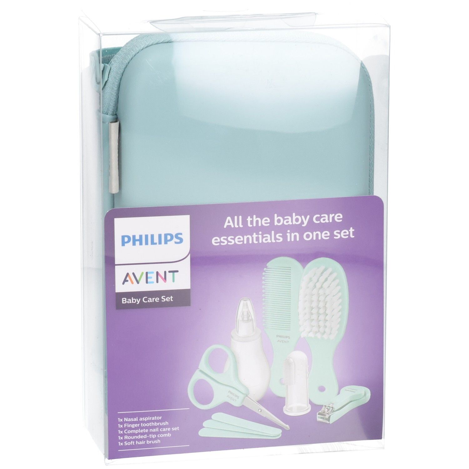 Philips Avent Baby Care Set im Etui, geöffnet. Enthält Nasensauger, Kamm, Bürste, Nagelschere.