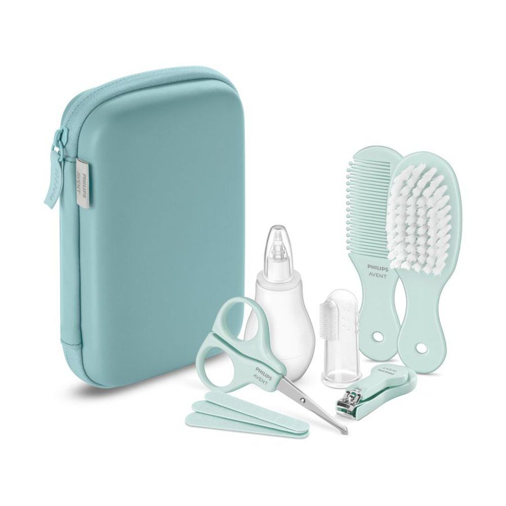 Set de soins bébé Philips Avent, ouvert. Aspirateur nasal, peigne, brosse, ciseaux, coupe-ongles.