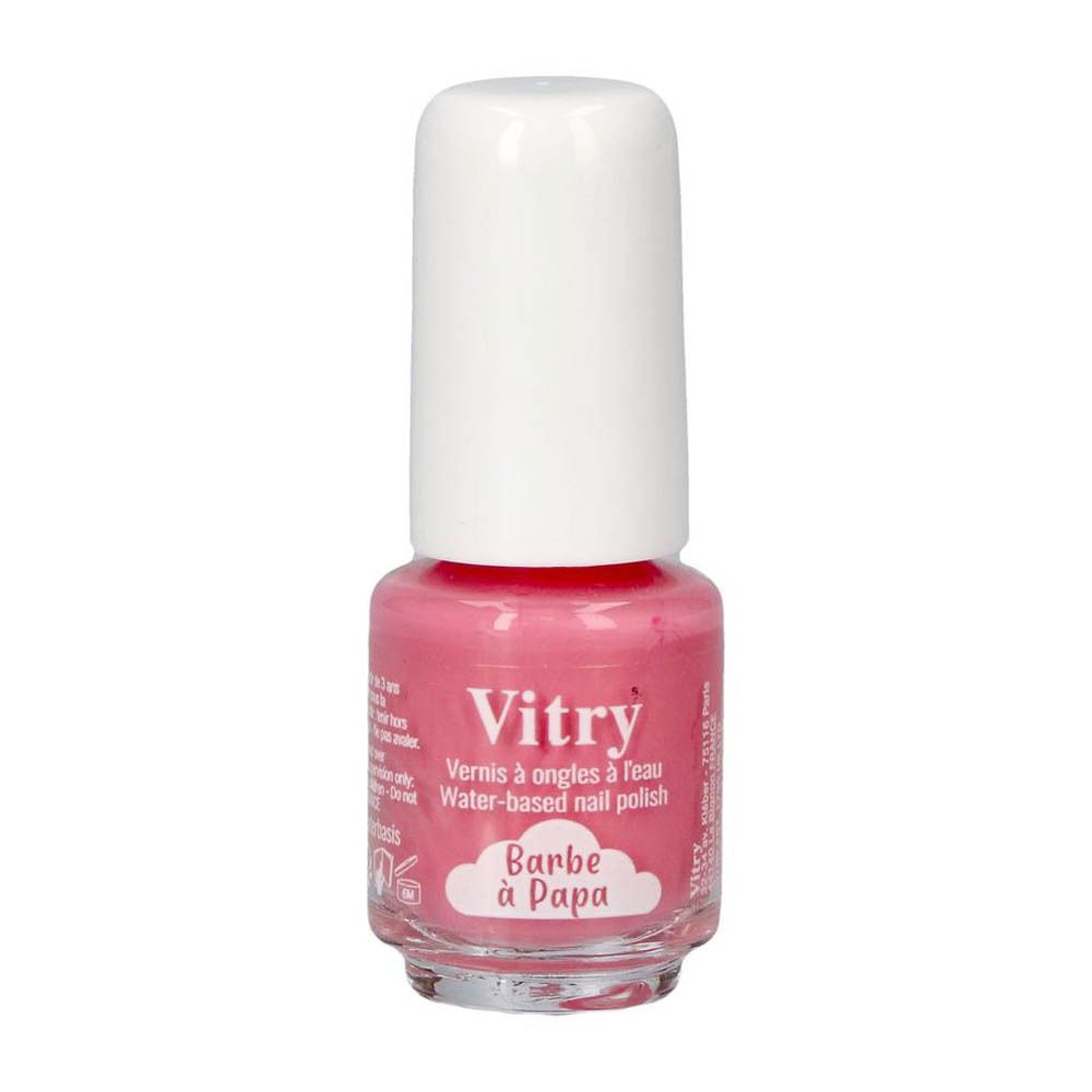 Flacon de vernis à ongles rose avec bouchon blanc. Inscription: Vitry, Barbe à Papa. Vernis à ongles à l'eau.