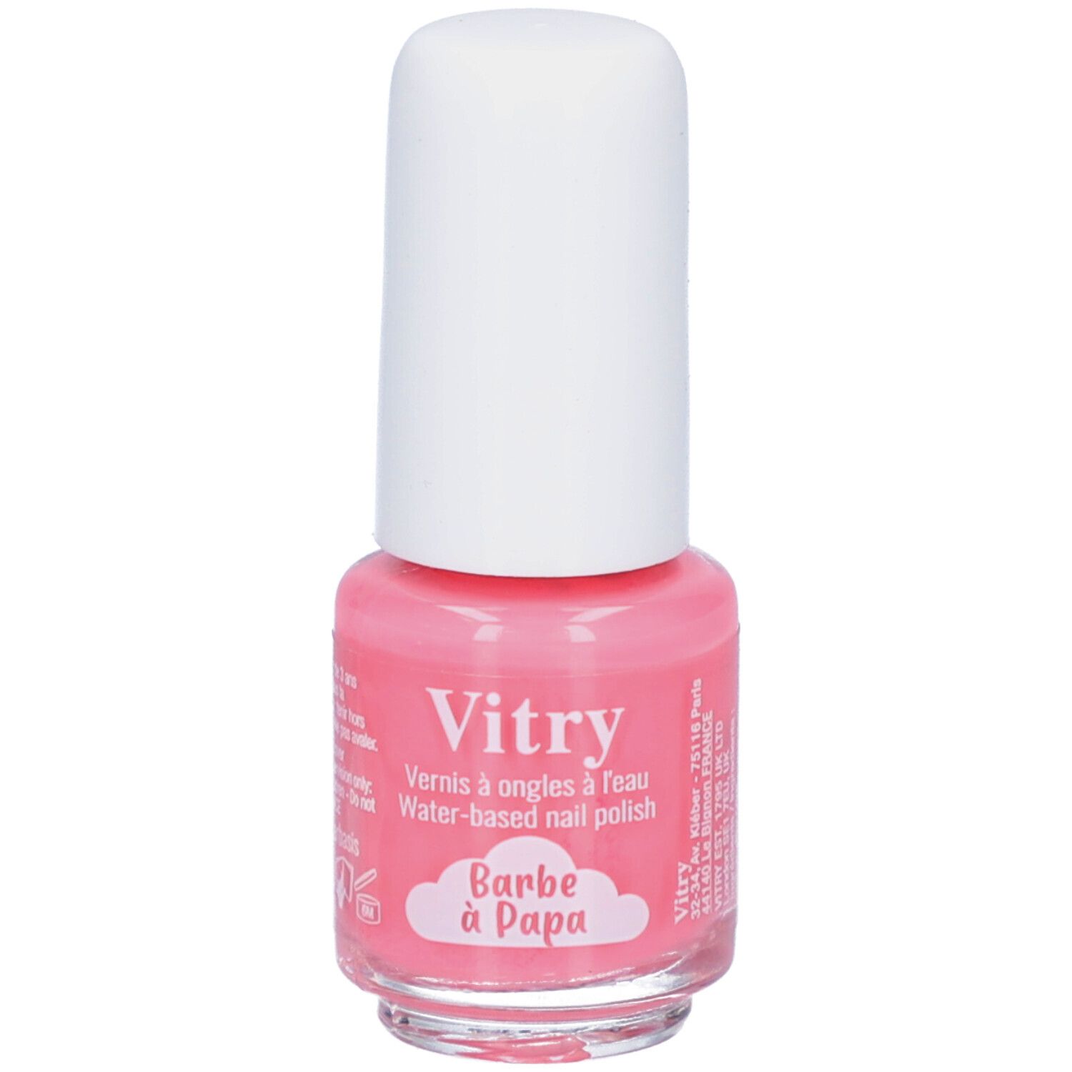 Rosa Nagellackflasche mit weißem Deckel. Aufschrift: Vitry, Barbe à Papa. Wasserbasierter Nagellack.
