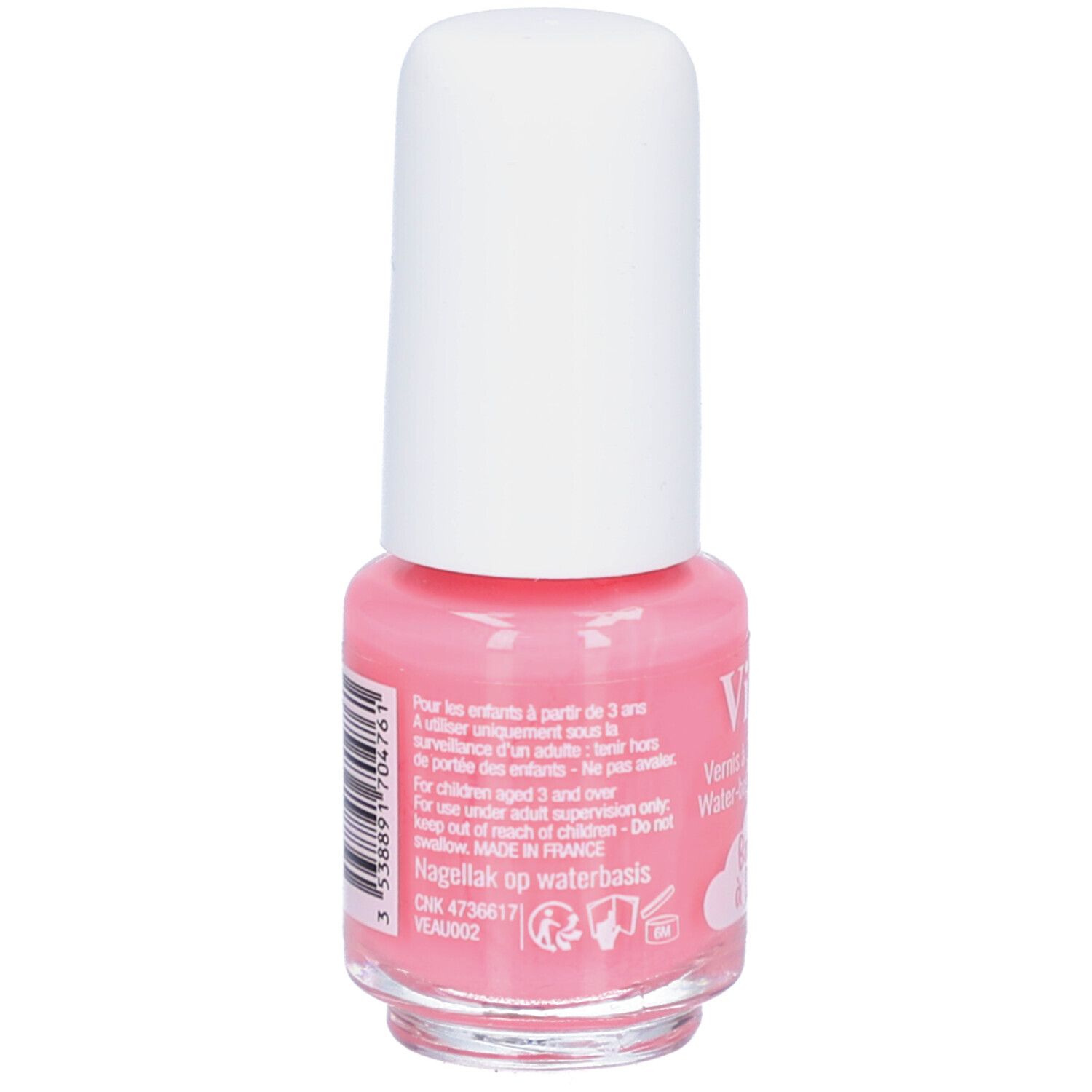 Rückseite einer rosa Nagellackflasche mit weißem Deckel. Text: Vitry, Barbe à Papa. Wasserbasierter Nagellack.