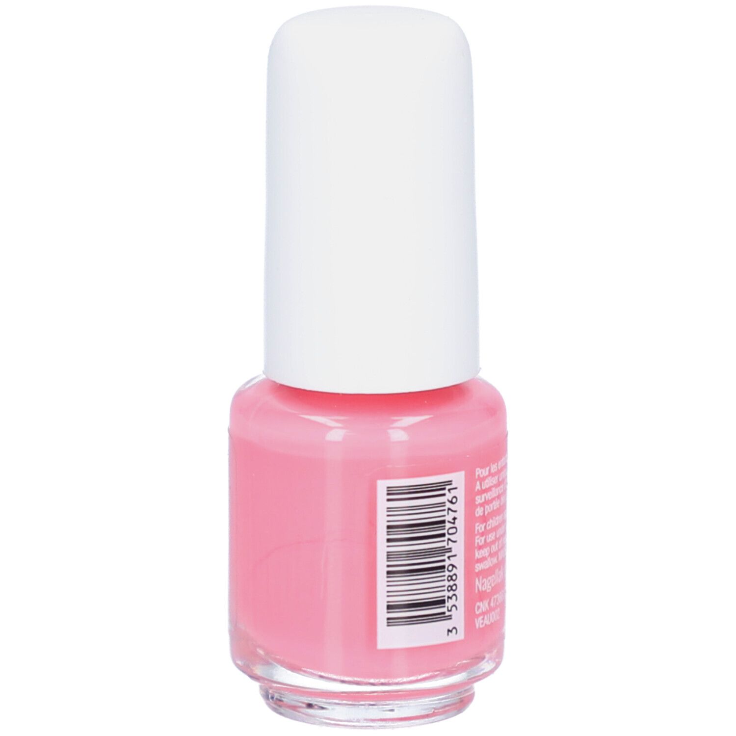 Rückseite einer rosa Nagellackflasche mit weißem Deckel. Barcode und Text.