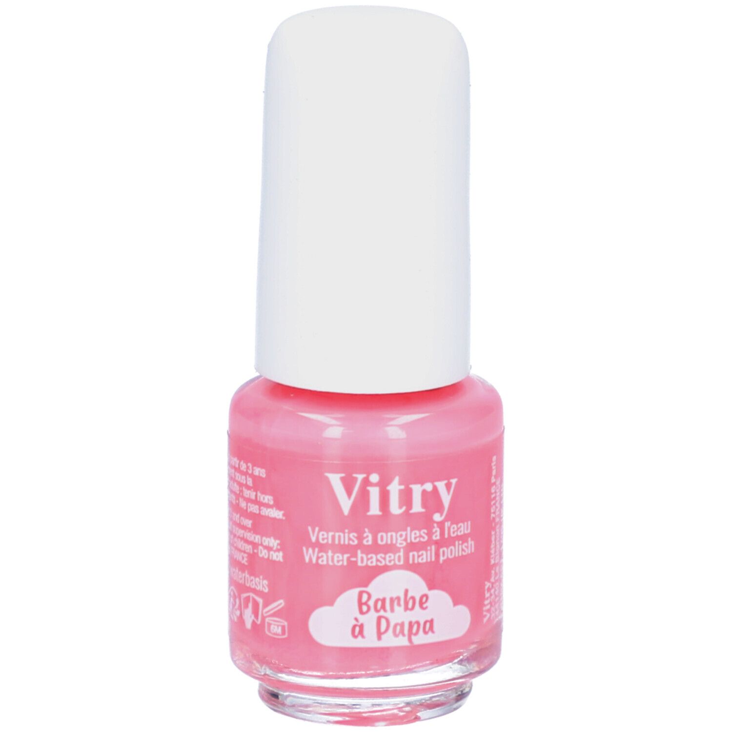 Rosa Nagellackflasche mit weißem Deckel. Aufschrift: Vitry, Barbe à Papa. Wasserbasierter Nagellack.