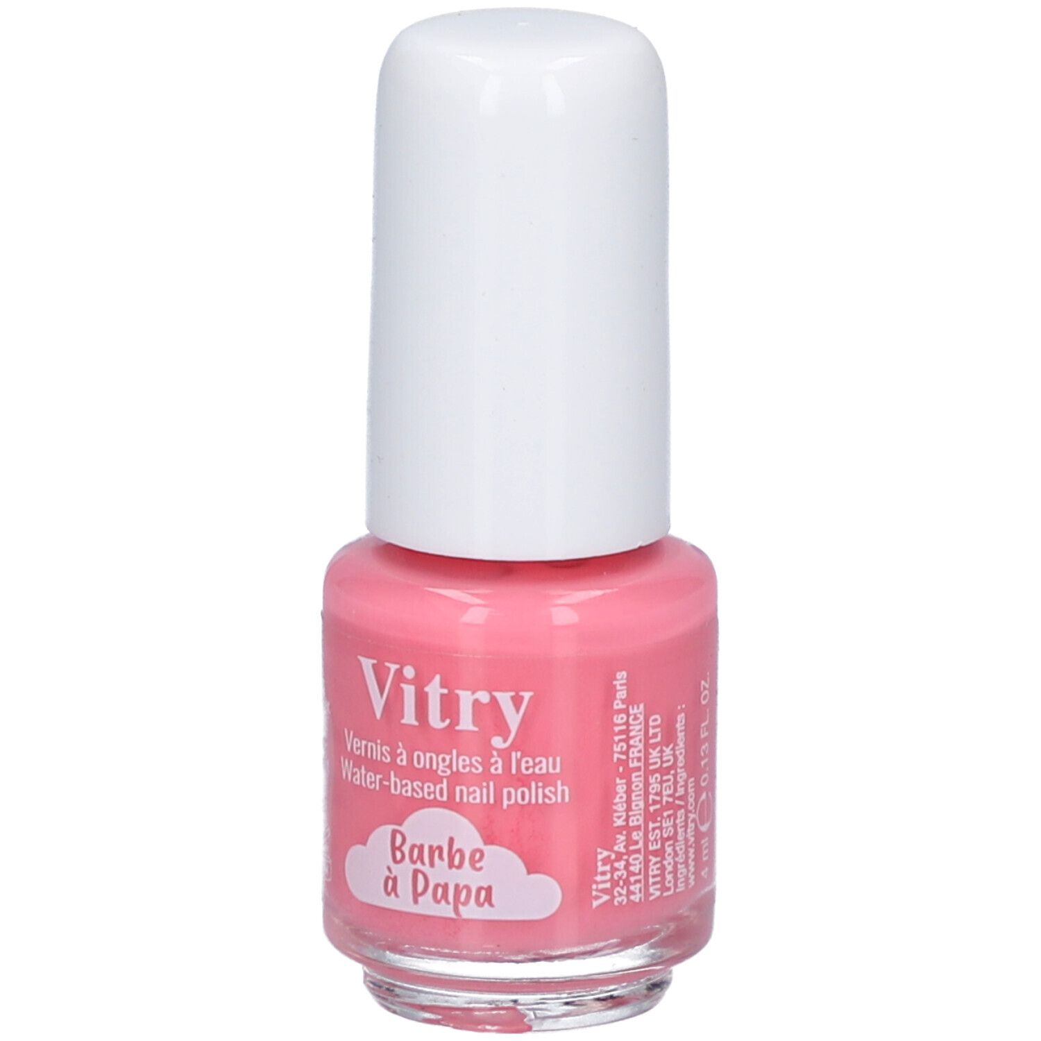 Rosa Nagellackflasche mit weißem Deckel. Aufschrift: Vitry, Barbe à Papa. Wasserbasierter Nagellack.