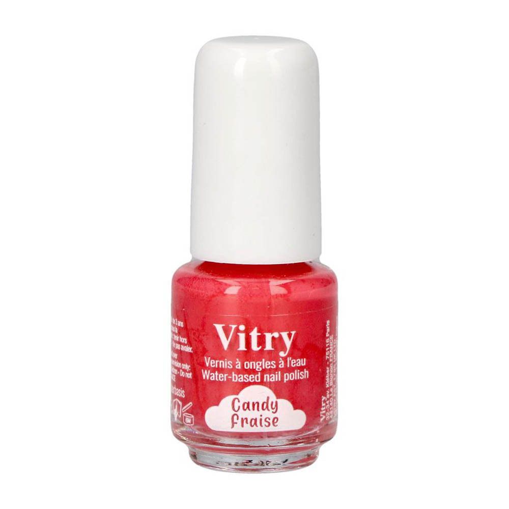 Flacon de vernis à ongles rose avec bouchon blanc. Inscription: Vitry, Candy Fraise. Vernis à ongles à base d'eau.